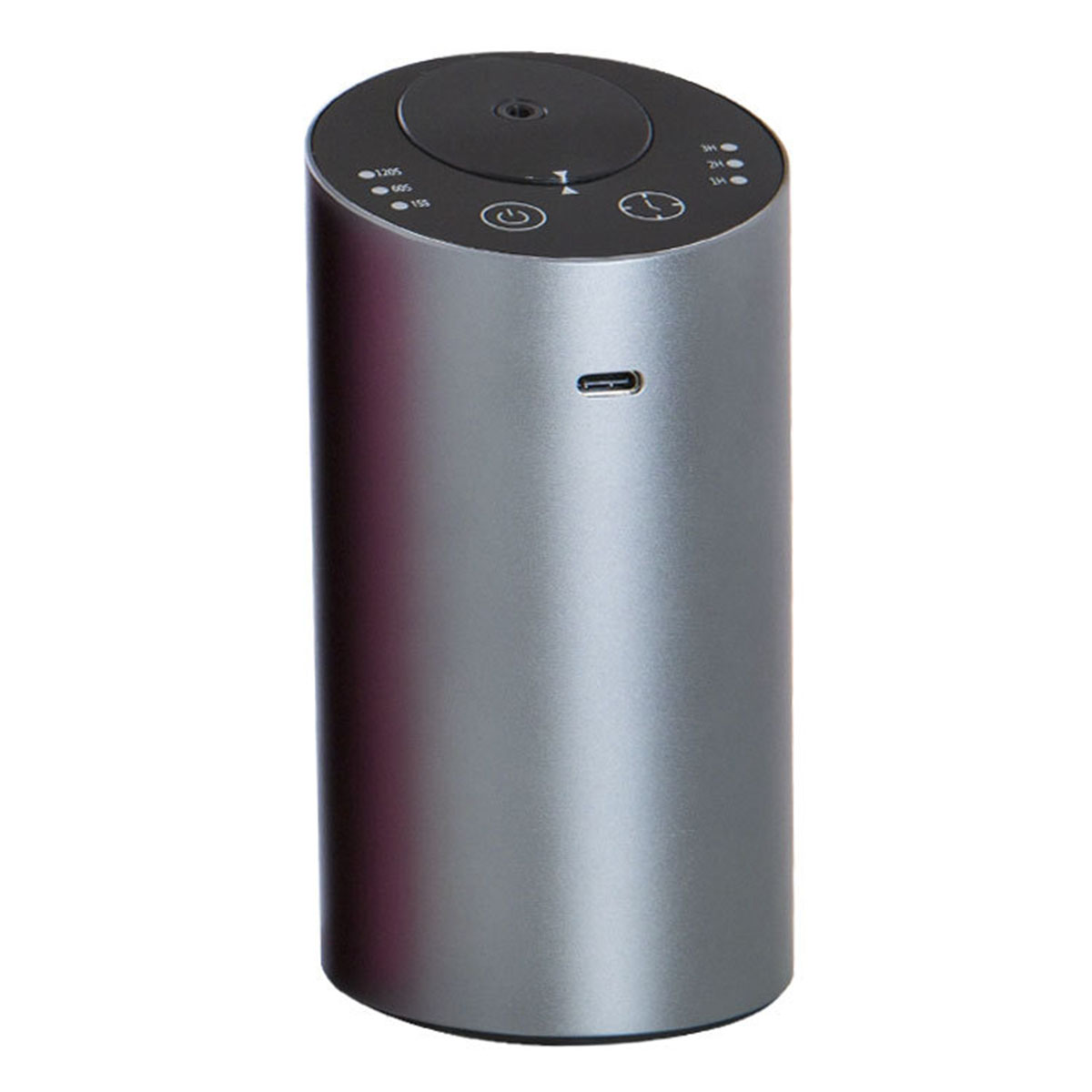 Silberner, zylindrischer Aromatherapie-Diffusor mit Knöpfen und USB-Anschluss.
