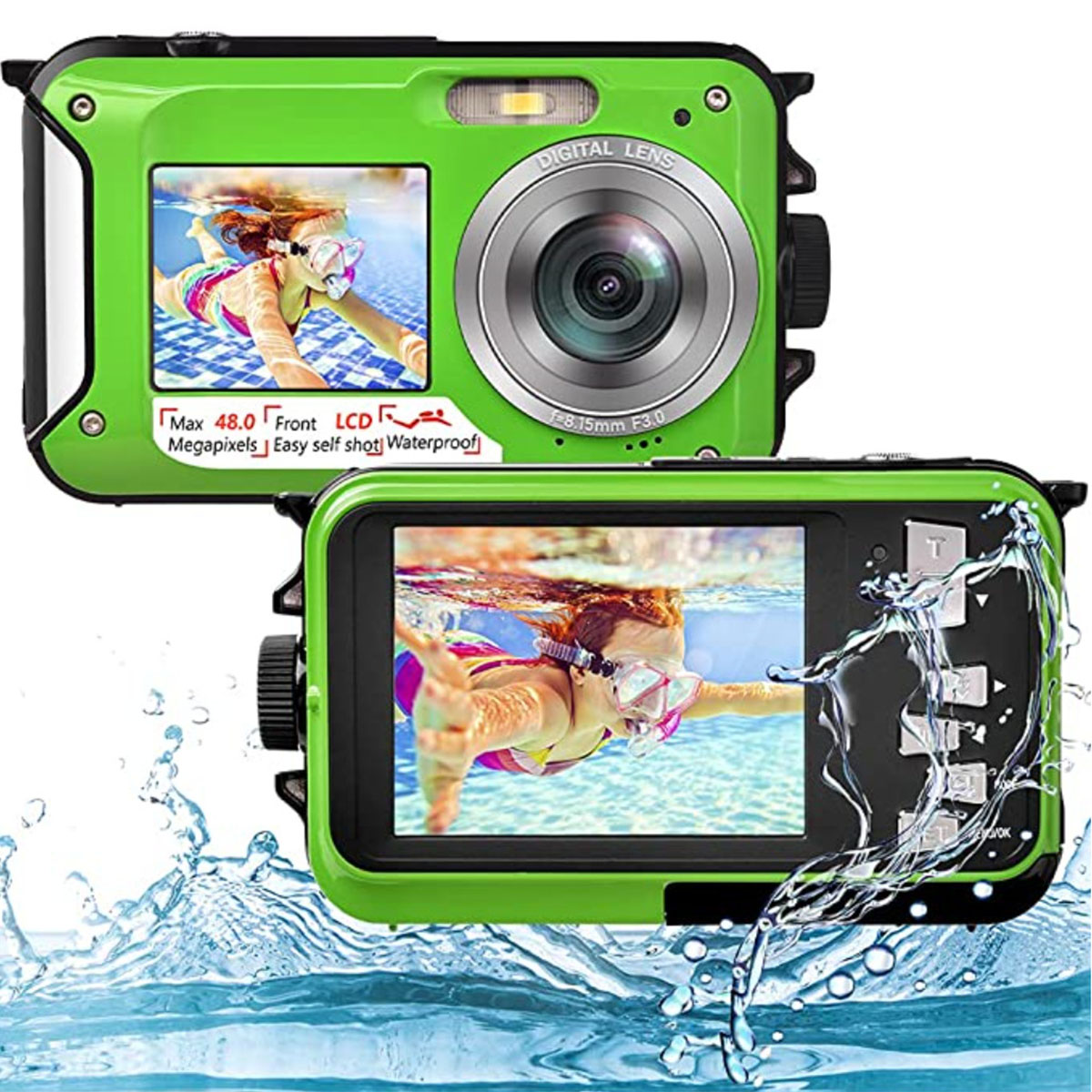 Grüne wasserdichte Kamera, zwei Ansichten, die eine Person unter Wasser mit Schnorchelausrüstung zeigen.