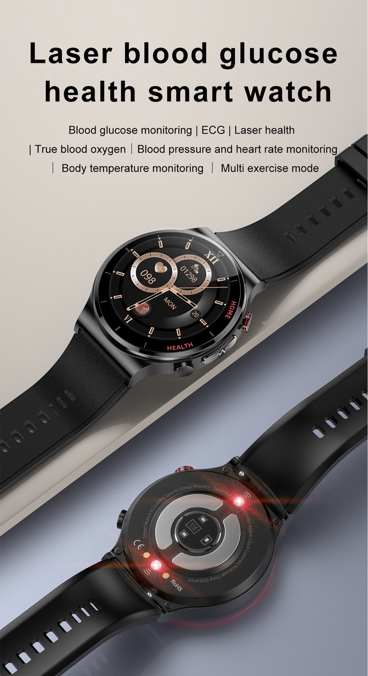 Rot BRIGHTAKE im Smartwatch Blutzucker- Smartwatch mit EKG-Messung: tpu, und Gesundheit Blick