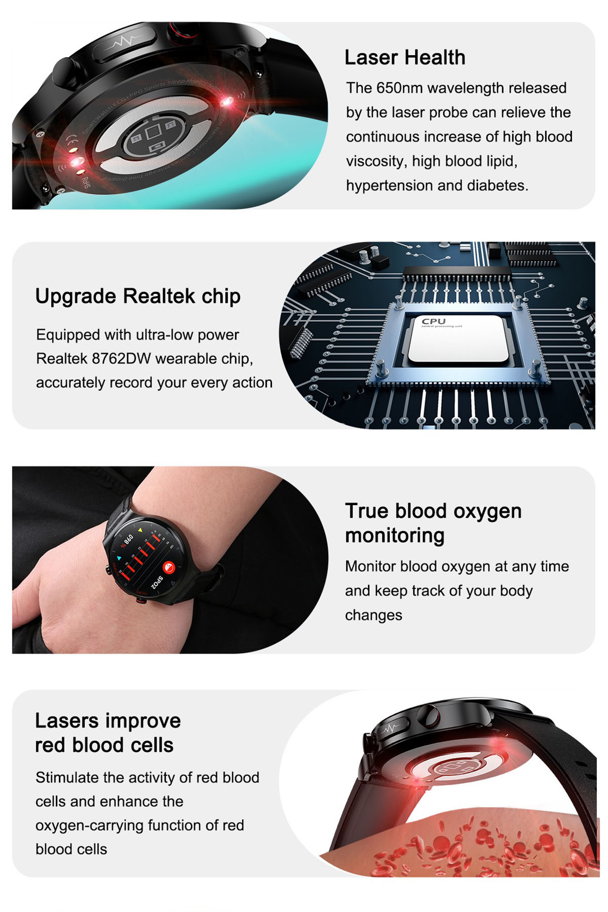 BRIGHTAKE Blutzucker- Gesundheit tpu, Leder, Blick mit und im Smartwatch Schwarz Smartwatch EKG-Messung: