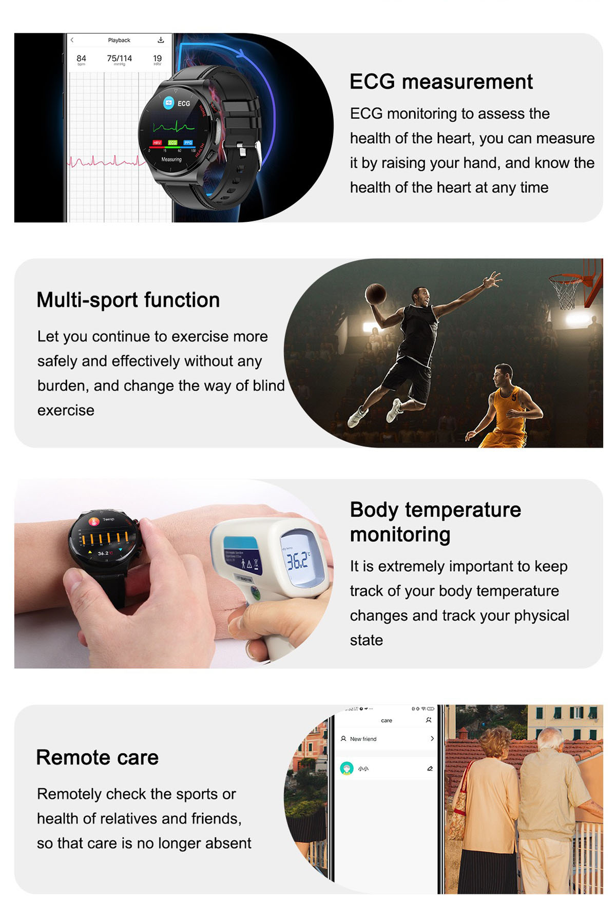 Smartwatch Smartwatch Blutzucker- im Leder, EKG-Messung: und Blick Schwarz mit BRIGHTAKE tpu, Gesundheit