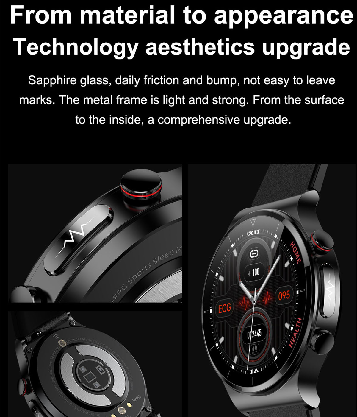 Smartwatch Smartwatch Blutzucker- im Leder, EKG-Messung: und Blick Schwarz mit BRIGHTAKE tpu, Gesundheit