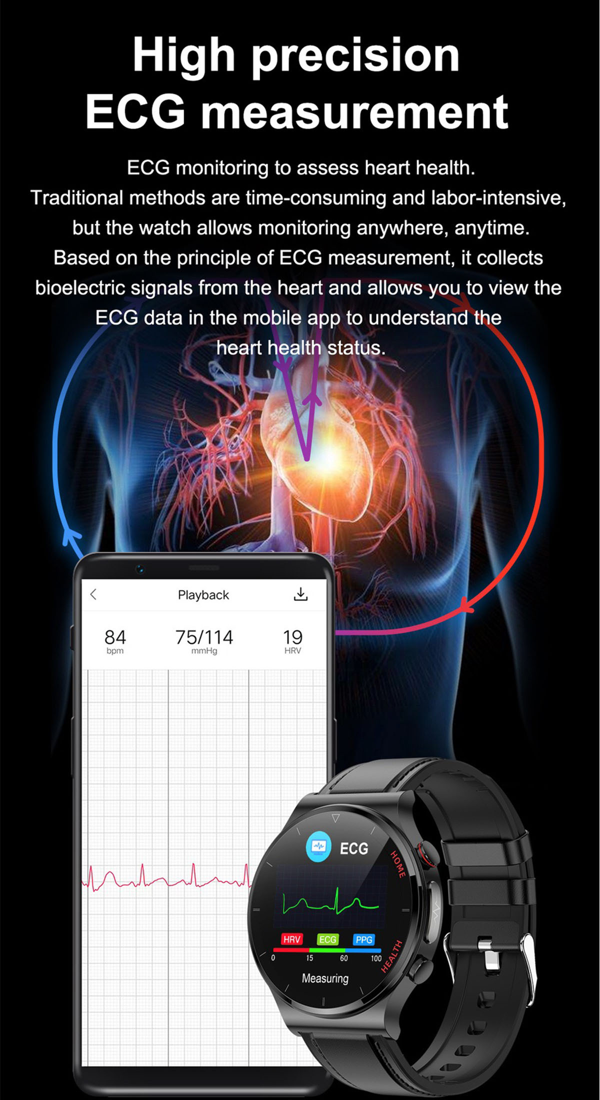 Leder, und Gesundheit Blutzucker- tpu, Smartwatch Braun Blick Smartwatch BRIGHTAKE im EKG-Messung: mit