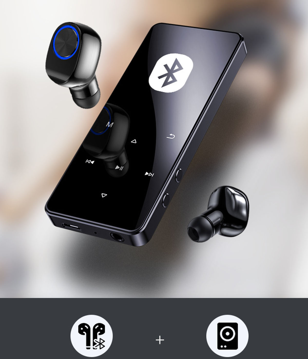 Ein schwarzer MP3-Player mit kabellosen Ohrhörern. Der Player hat Bedientasten und einen Bildschirm.