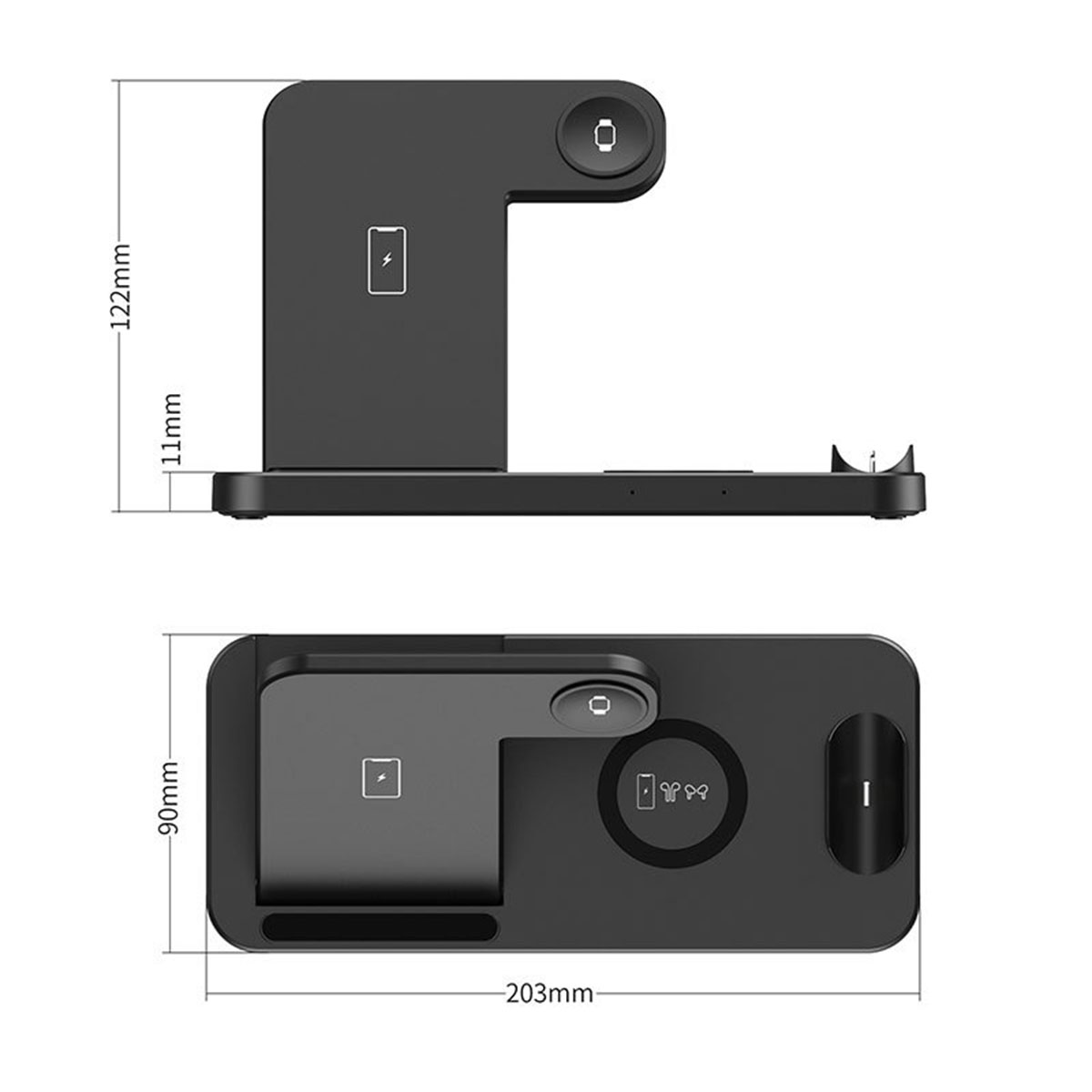 Schwarze kabellose Ladestation. Es hat zwei Abschnitte und eine flache Basis. Es misst 203 mm x 122 mm.