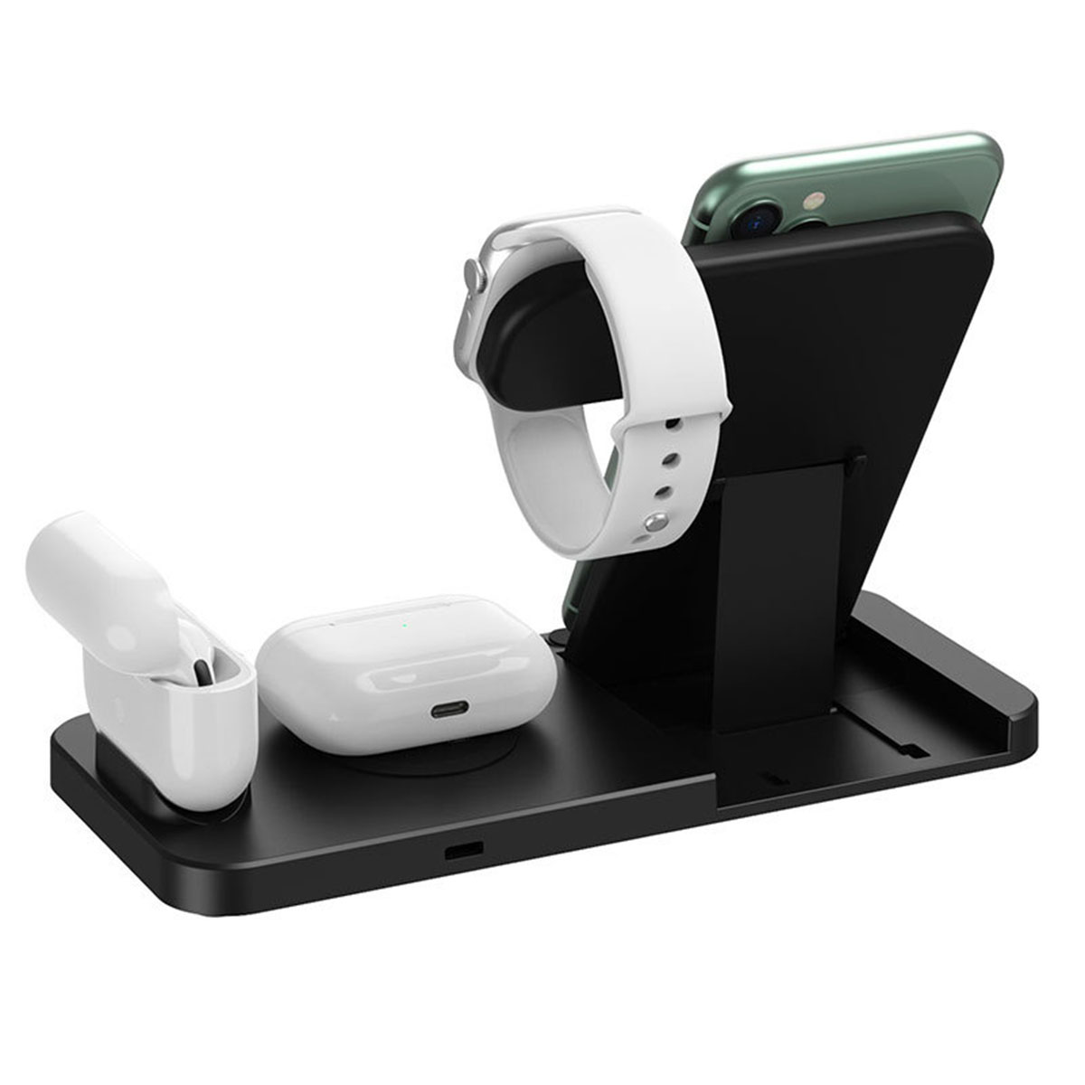 Eine Ladestation mit Telefon, Smartwatch und Ohrhörern. Die Station ist schwarz.
