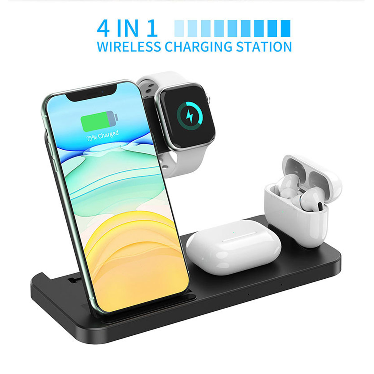 Eine 4-in-1-Wireless-Ladestation mit einem Telefon, einer Uhr und AirPods. Das Telefon zeigt 75 % geladen an.