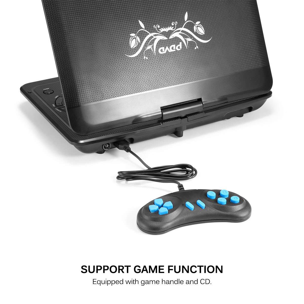 Ein tragbarer DVD-Player mit angeschlossenem Gamecontroller. Der Player ist schwarz und geöffnet.
