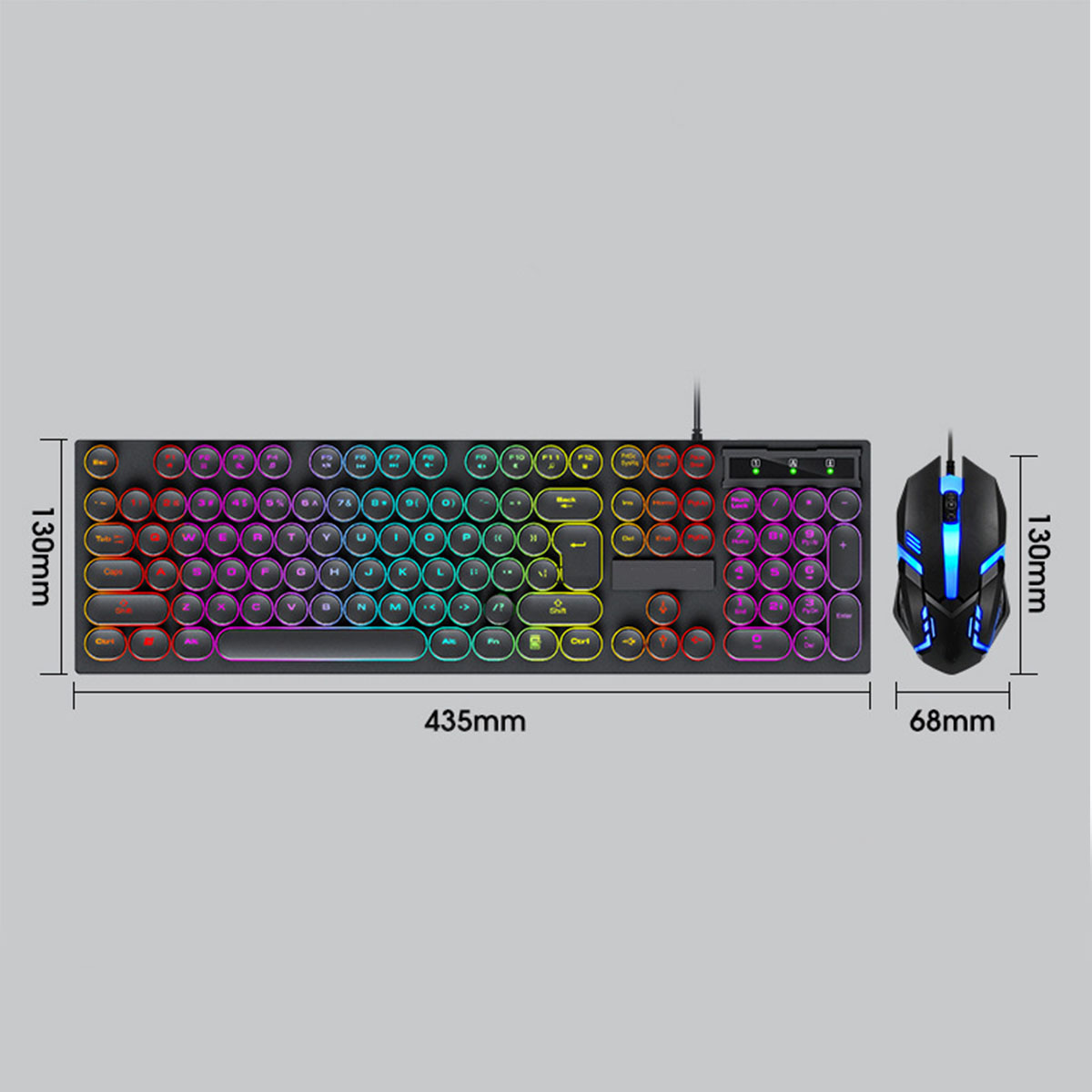 Tastatur und Maus-Set. Tastatur mit Regenbogen-Tasten und Maus mit blauen Lichtern.