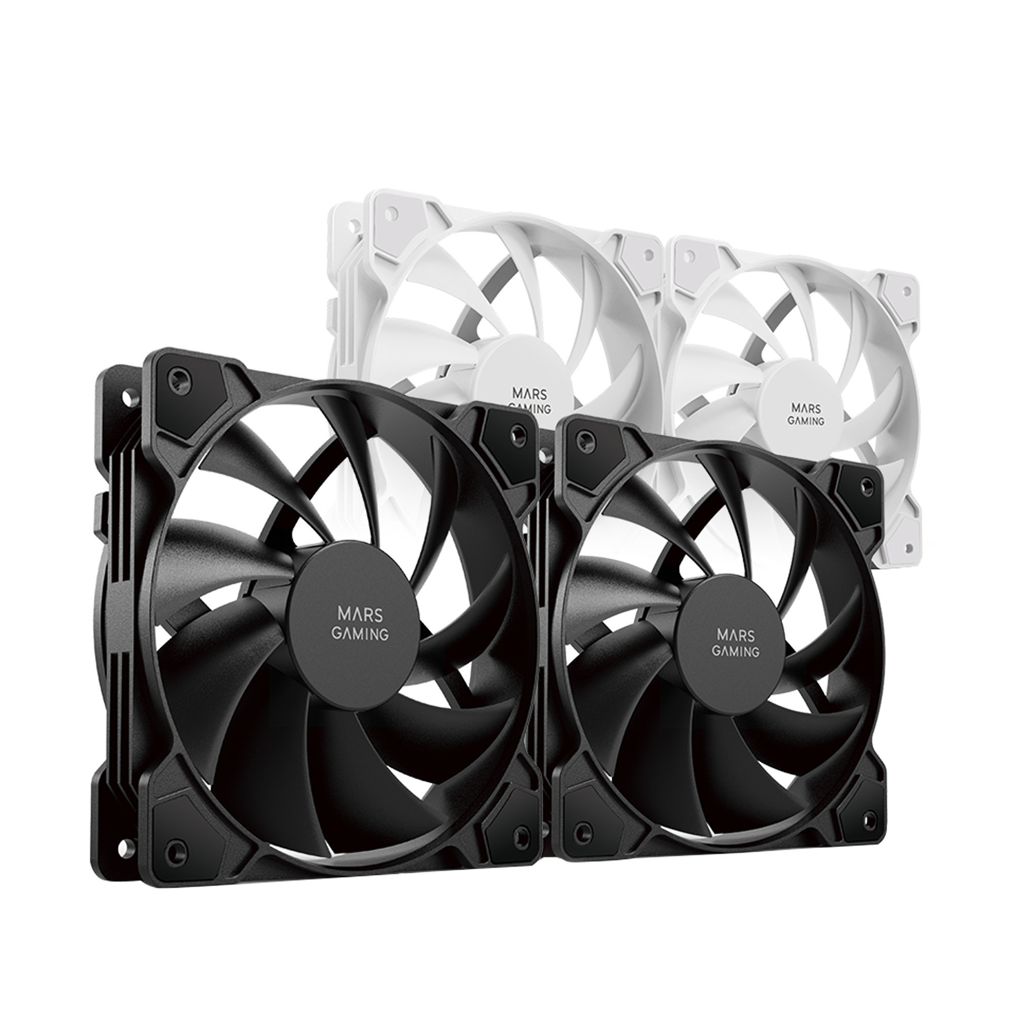 Dos ventiladores de computadora MARS GAMING negros uno al lado del otro, fondo blanco.