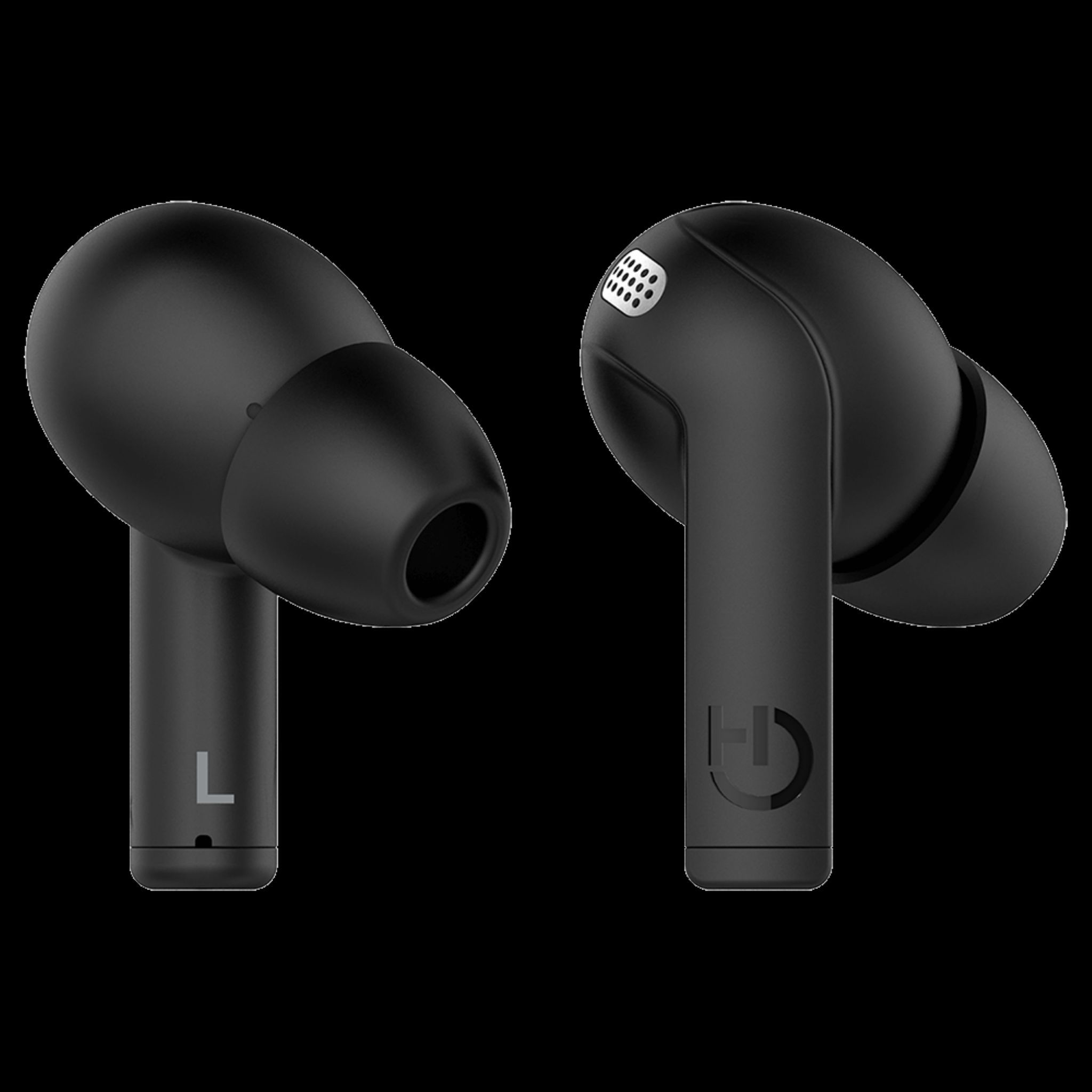 Auriculares inalámbricos negros, aislados sobre fondo negro.