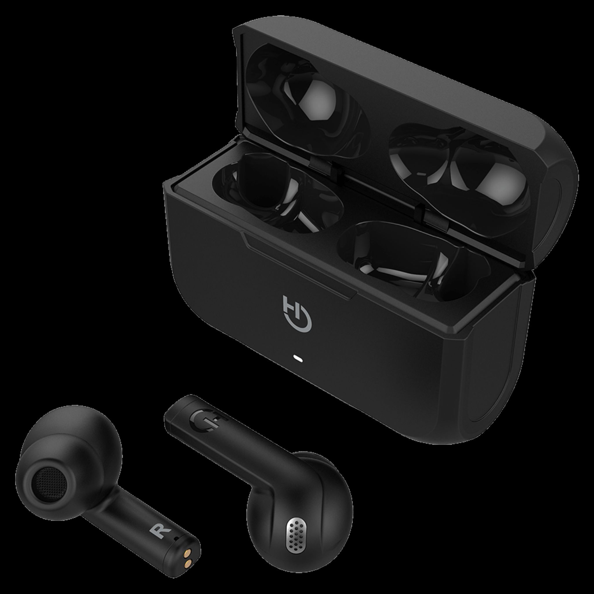 Auriculares inalámbricos negros y estuche de carga sobre fondo negro.