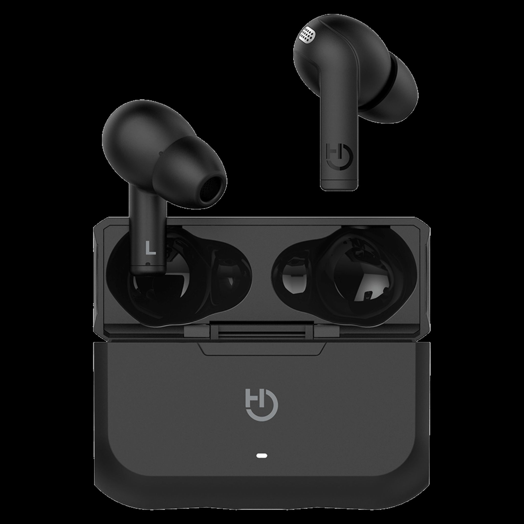 Auriculares inalámbricos negros con estuche de carga, sobre un fondo oscuro.