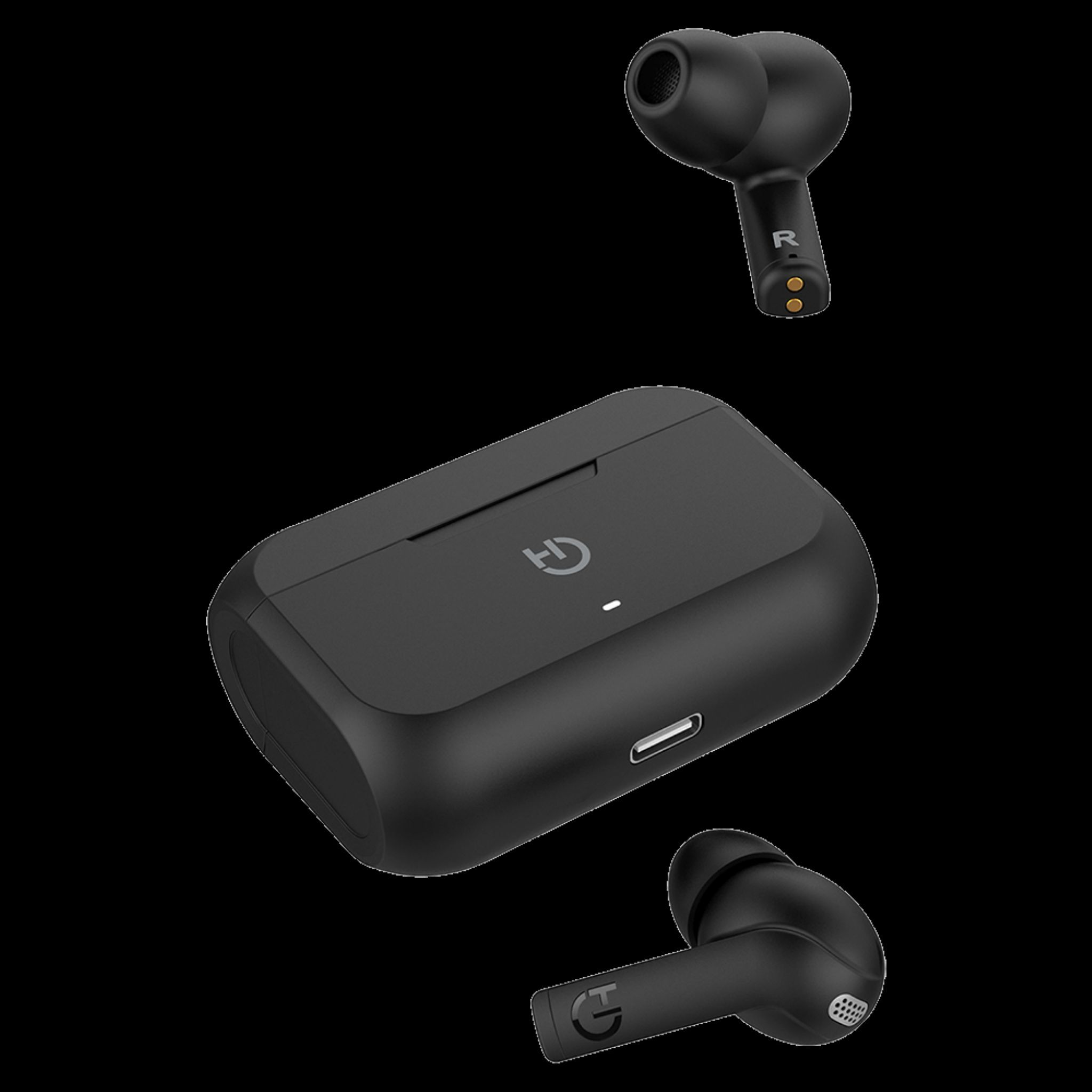 Auriculares inalámbricos negros y estuche de carga sobre fondo oscuro.