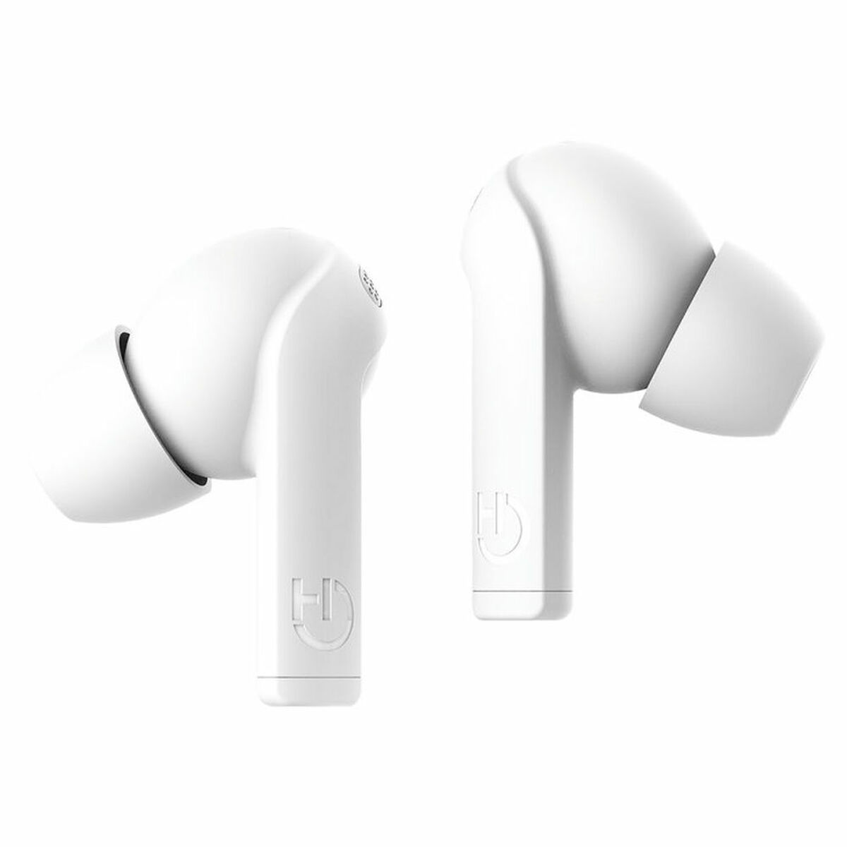 Due auricolari wireless bianchi su sfondo bianco. Gli auricolari hanno la lettera H.