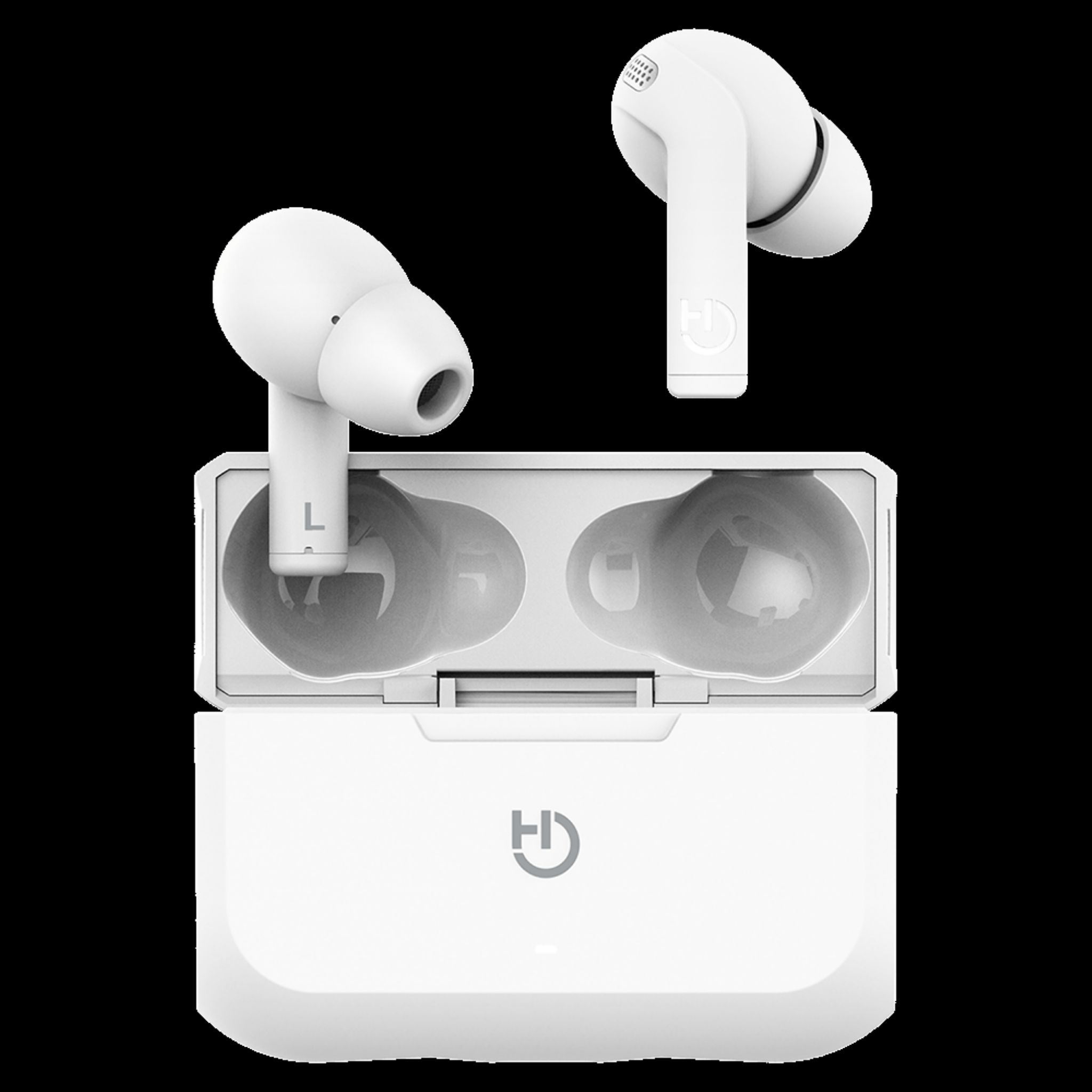 Auricolari wireless bianchi con custodia di ricarica, su sfondo nero.