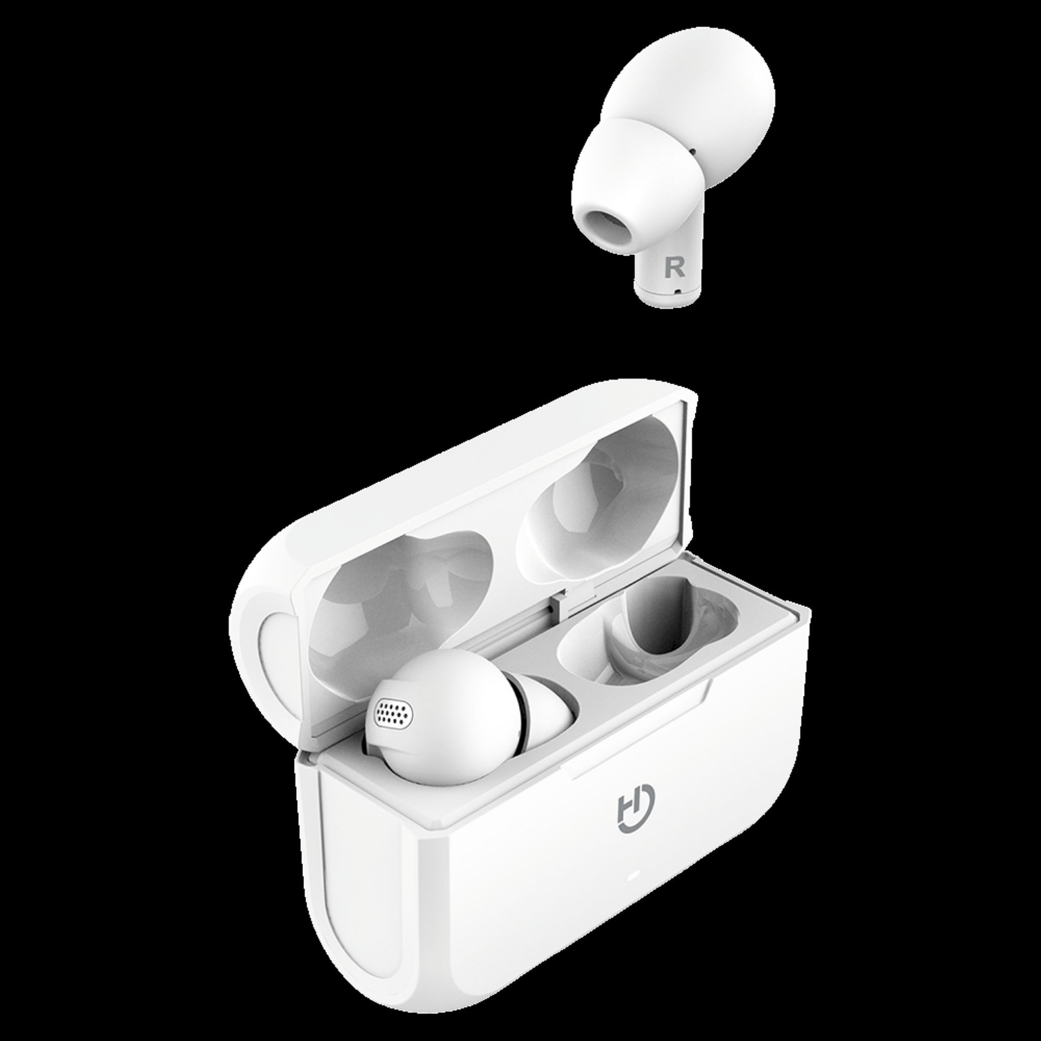 Auricolari wireless bianchi con custodia di ricarica, un auricolare è separato.