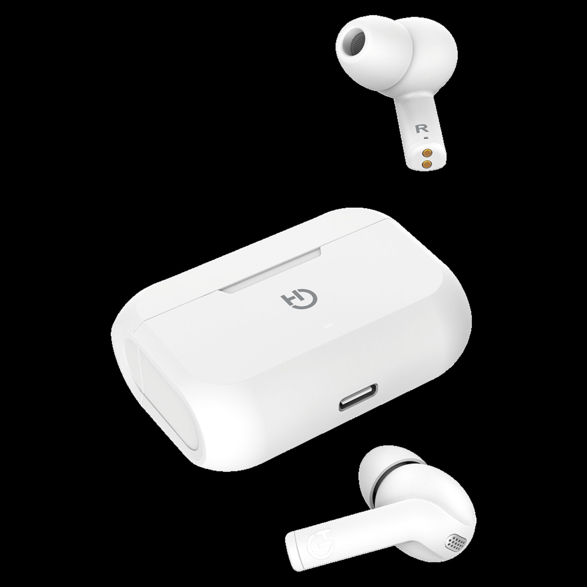 Auricolari wireless bianchi e custodia di ricarica, con sfondo nero.