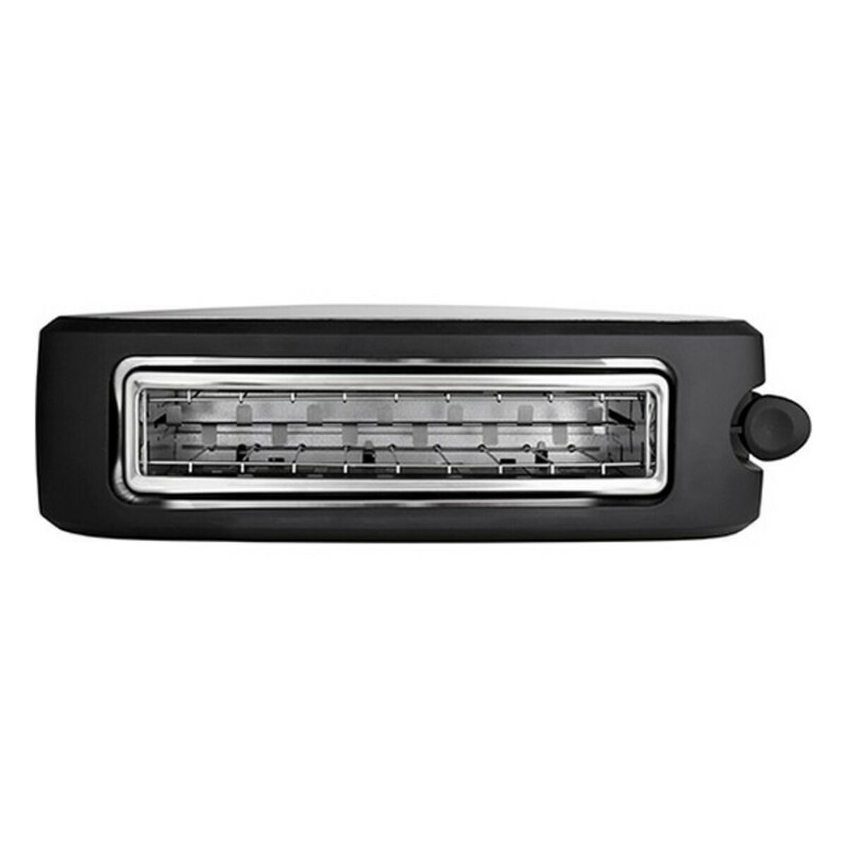 Czarny toster pokazujący szczeliny na chleb. Górna część jest ze stali nierdzewnej.