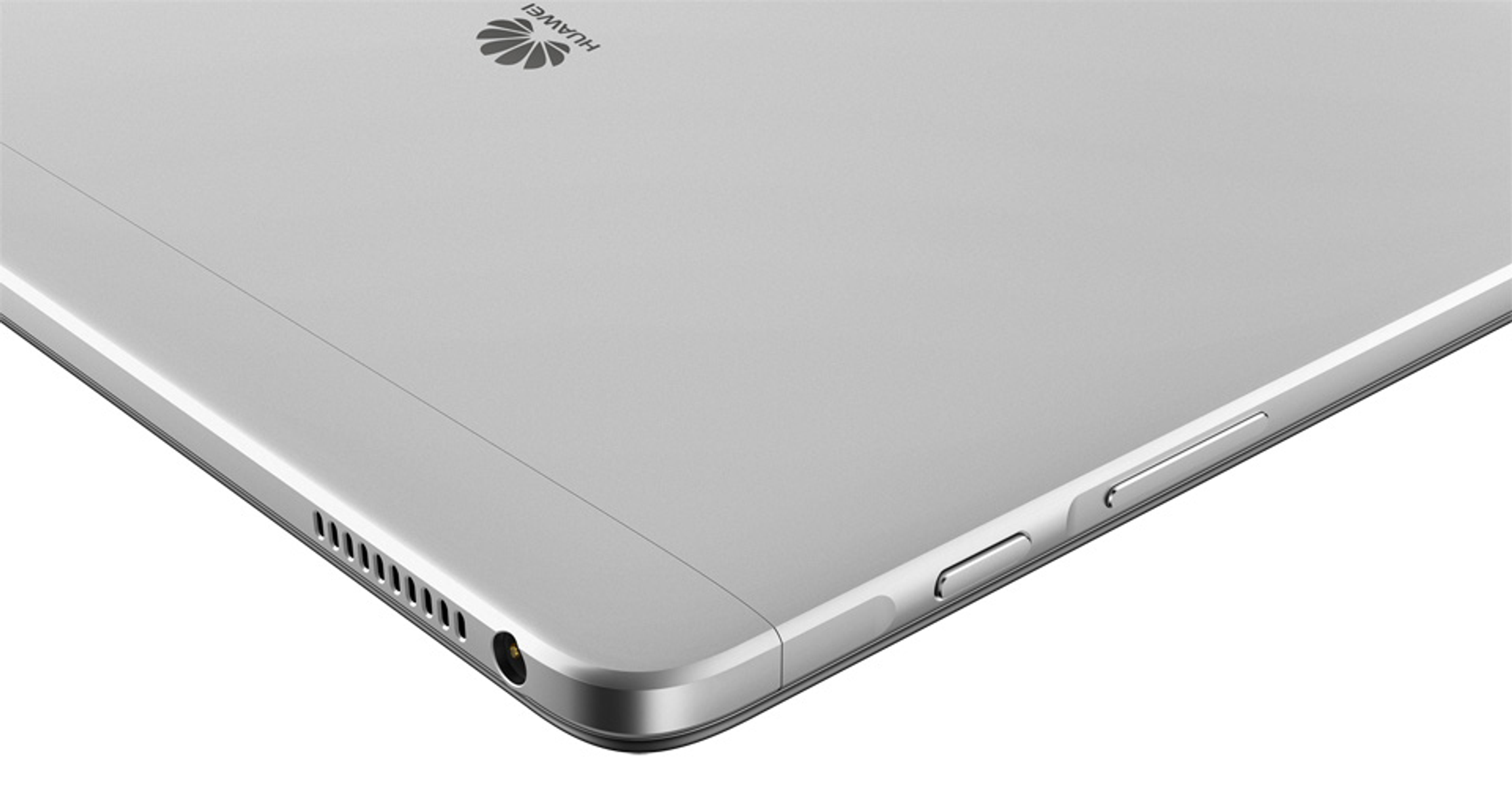 Tablet, argento, con logo Huawei e pulsanti laterali.