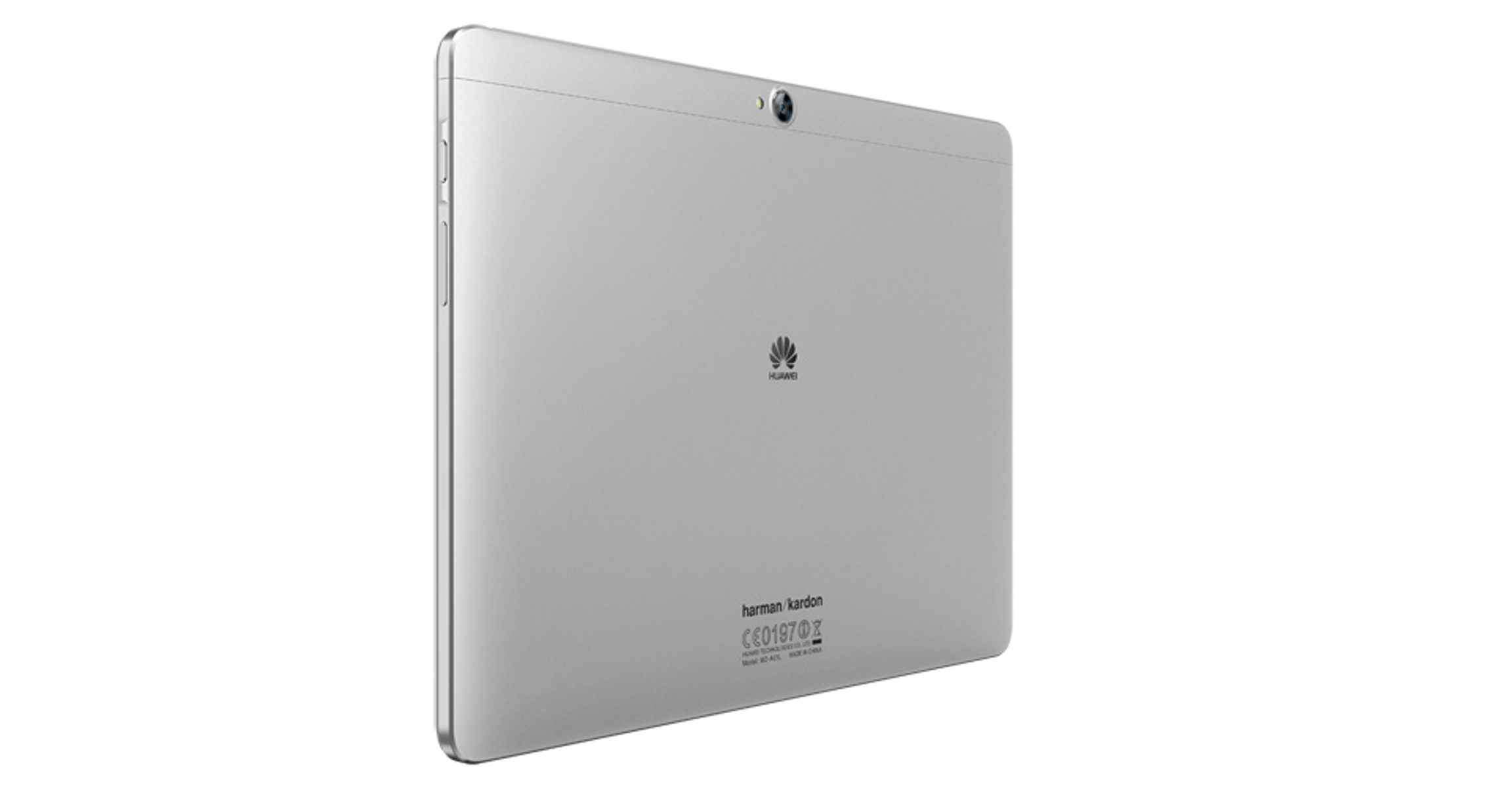 Tablet argentato con fotocamera posteriore. Il retro mostra il logo Huawei e altri dettagli.