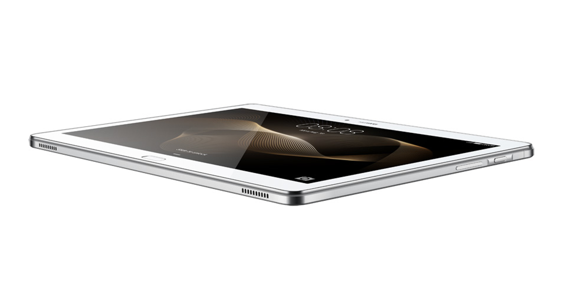 Tablet argentato su sfondo bianco, angolato, con schermo che mostra un design a linee dorate.