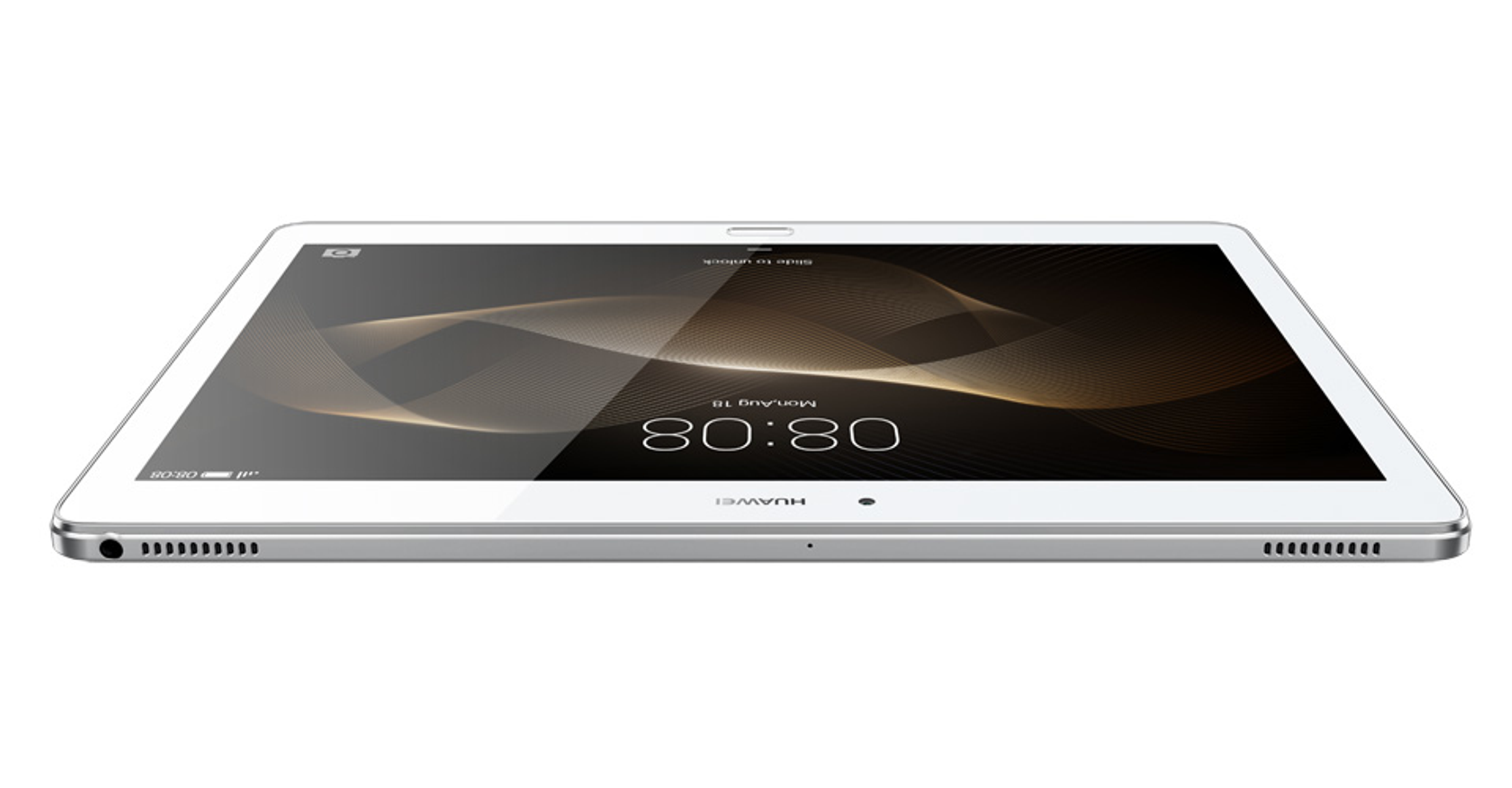 Un tablet bianco, vista laterale. Lo schermo è acceso, mostra un motivo nero e oro. Huawei è stampato.