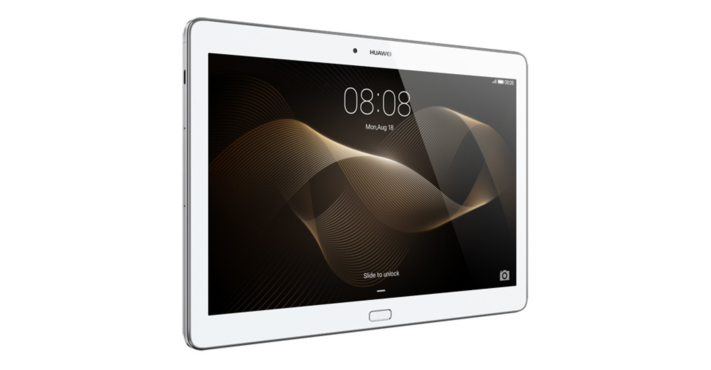 Tablet Huawei bianco con schermo nero che mostra l'ora e la data. Lo schermo mostra un design a onde dorate.
