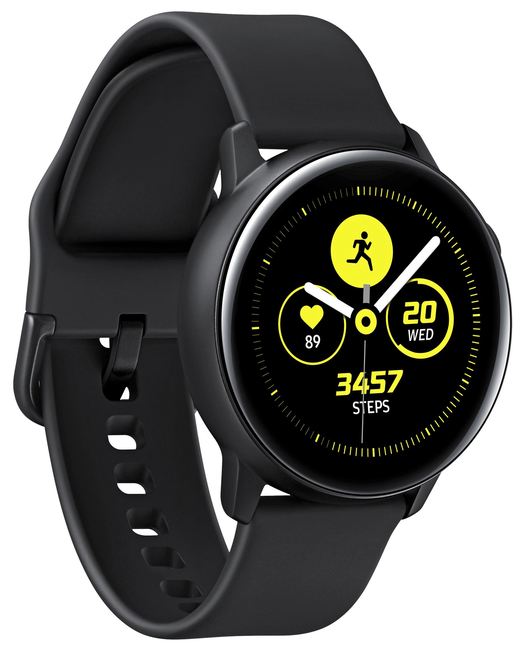 Schwarze Smartwatch mit rundem Zifferblatt. Zeigt Zeit, Schritte und Herzfrequenz. Schwarzes Band.