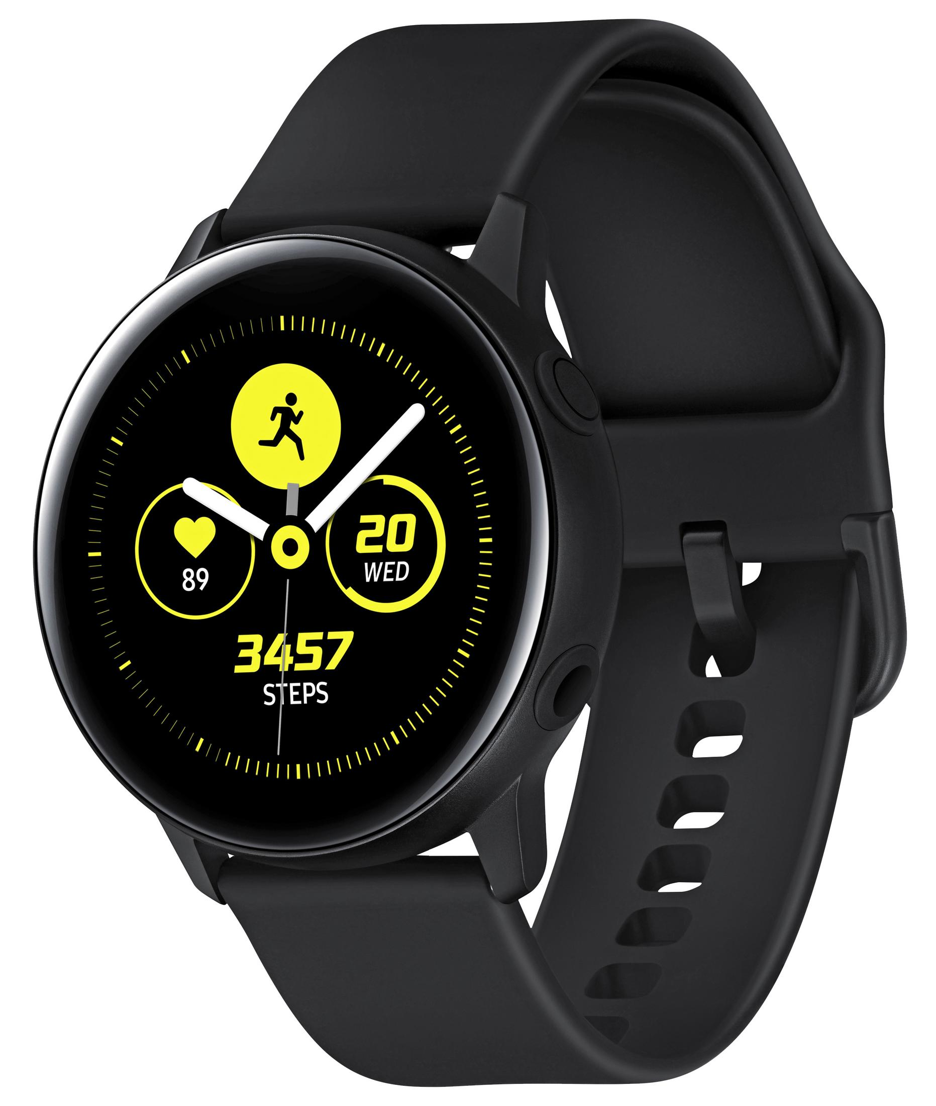 Schwarze Smartwatch mit rundem Display. Zeigt Herzfrequenz, Schritte und Uhrzeit an. Schwarzes Armband.