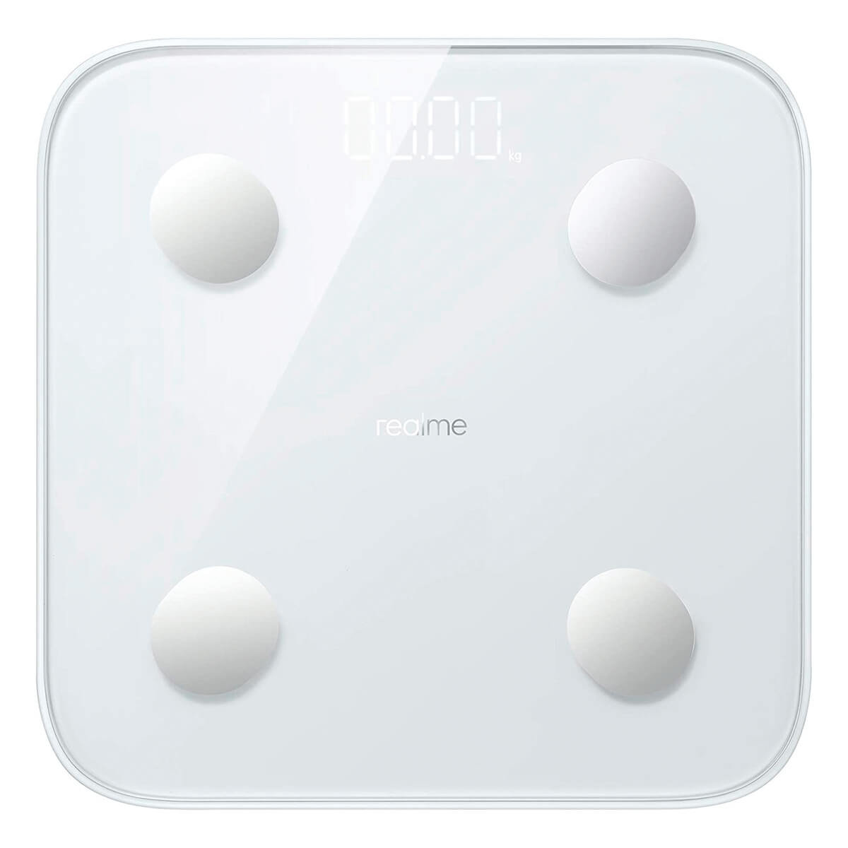 Biała inteligentna waga Realme z cyfrowym wyświetlaczem i czterema okrągłymi podkładkami.