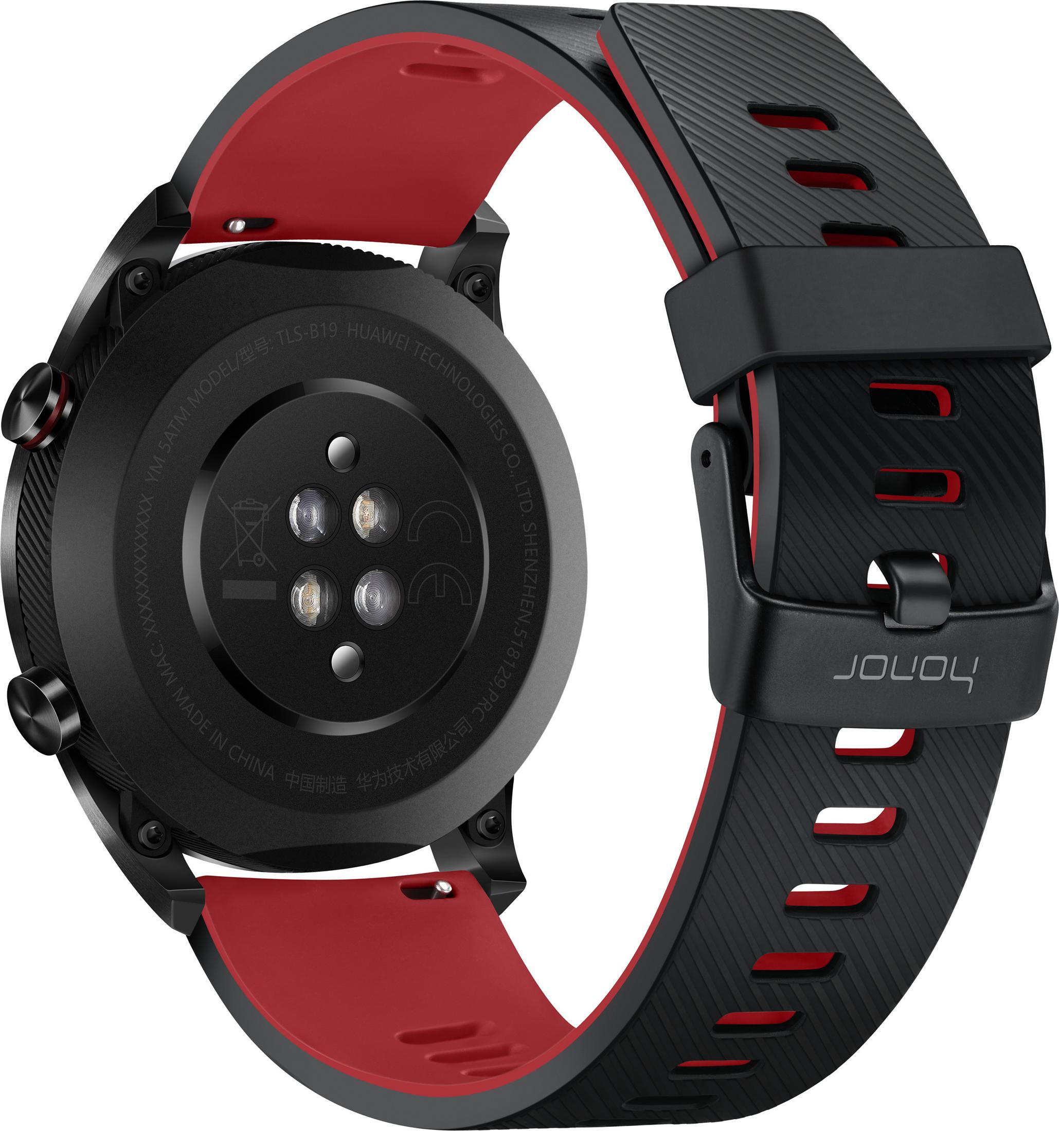 Rückseite einer schwarzen Smartwatch mit rotem Band. Es hat eine schwarze Schnalle.