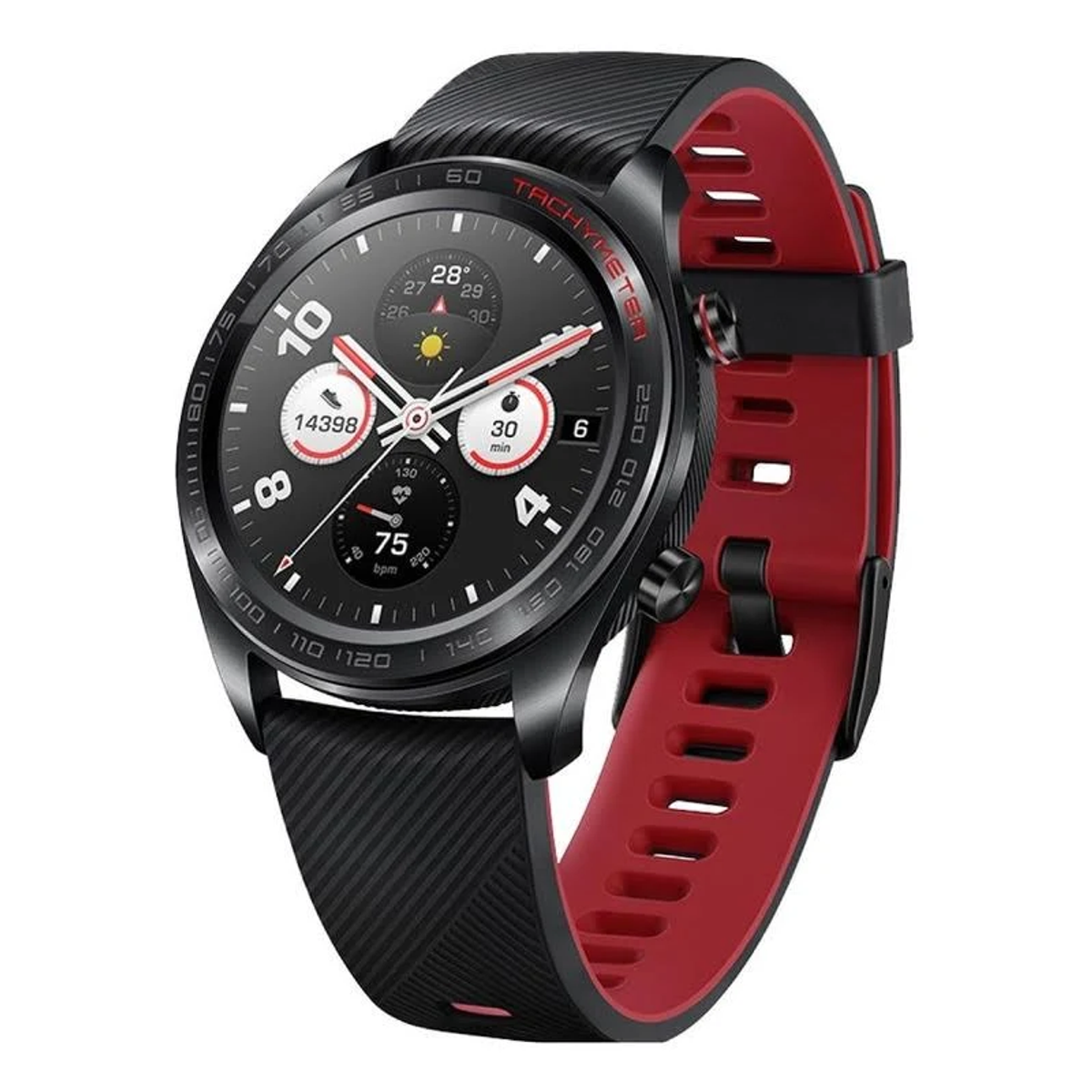 Eine schwarz-rote Smartwatch, die eine digitale Oberfläche mit Zeit, Herzfrequenz und anderen Gesundheitsdaten anzeigt.