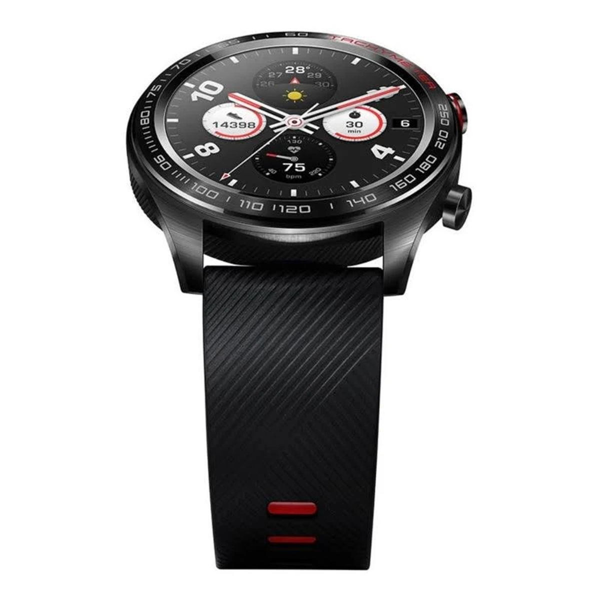 Eine schwarze Smartwatch mit schwarzem Armband, die verschiedene Daten auf einem schwarzen Display anzeigt, auf weißem Hintergrund.