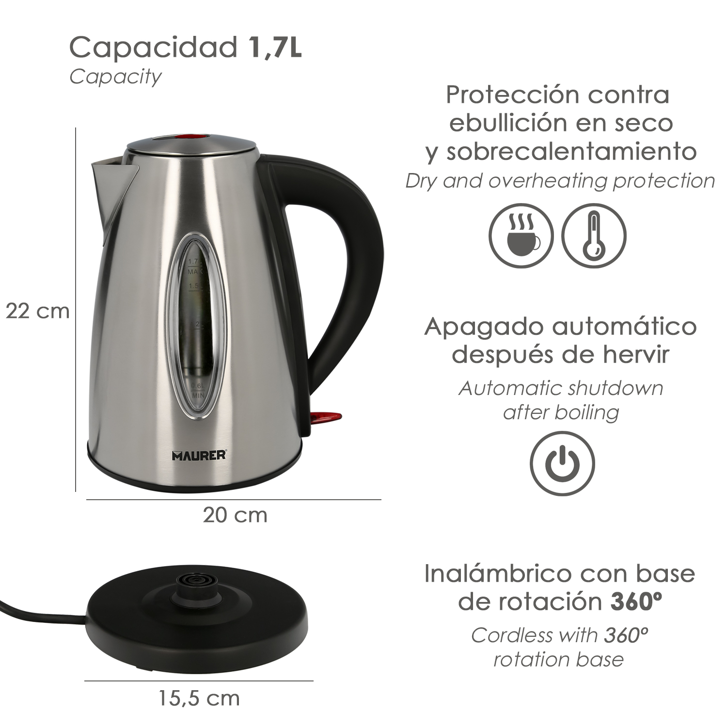 Hervidor eléctrico de acero inoxidable con dimensiones y funciones, incluido apagado automático.