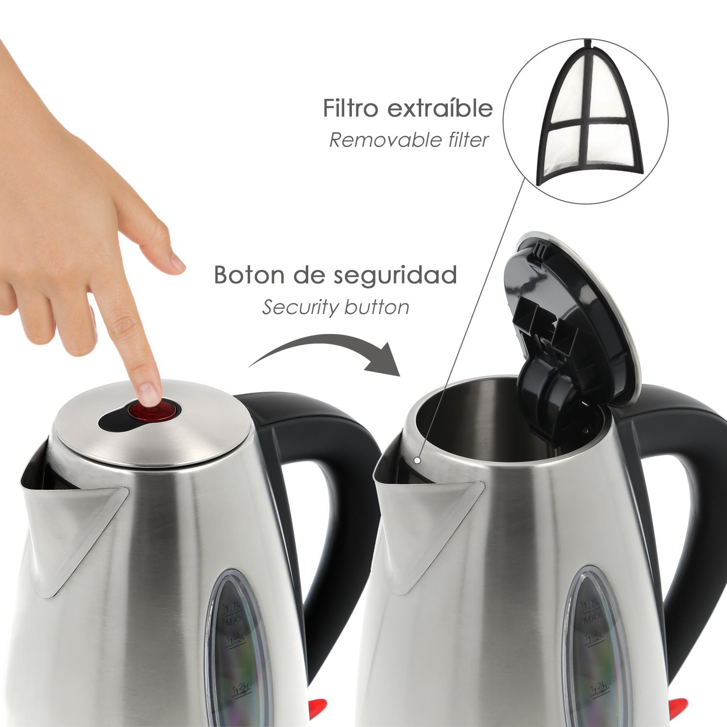 Dos hervidores de acero inoxidable, uno abierto, con filtro extraíble y botón de seguridad.