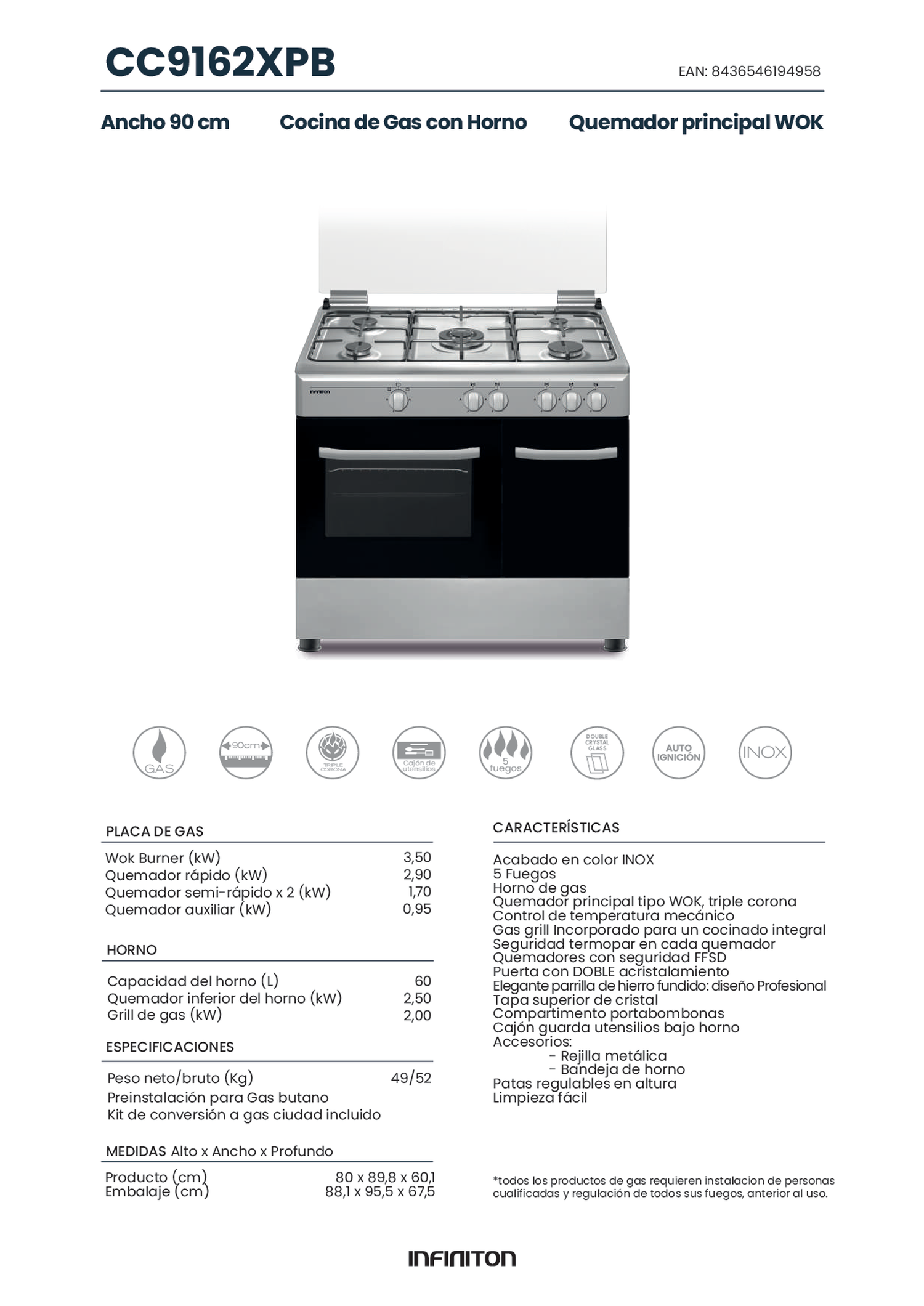 Cocina de gas con 4 quemadores y horno. Características y especificaciones en texto español.