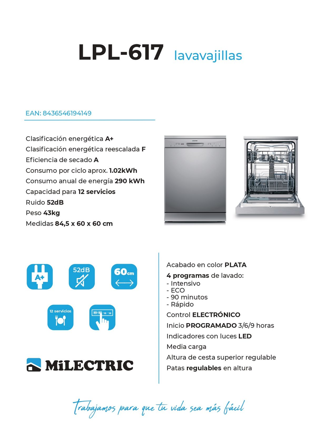 Una ficha de producto para un lavavajillas con especificaciones e imágenes.