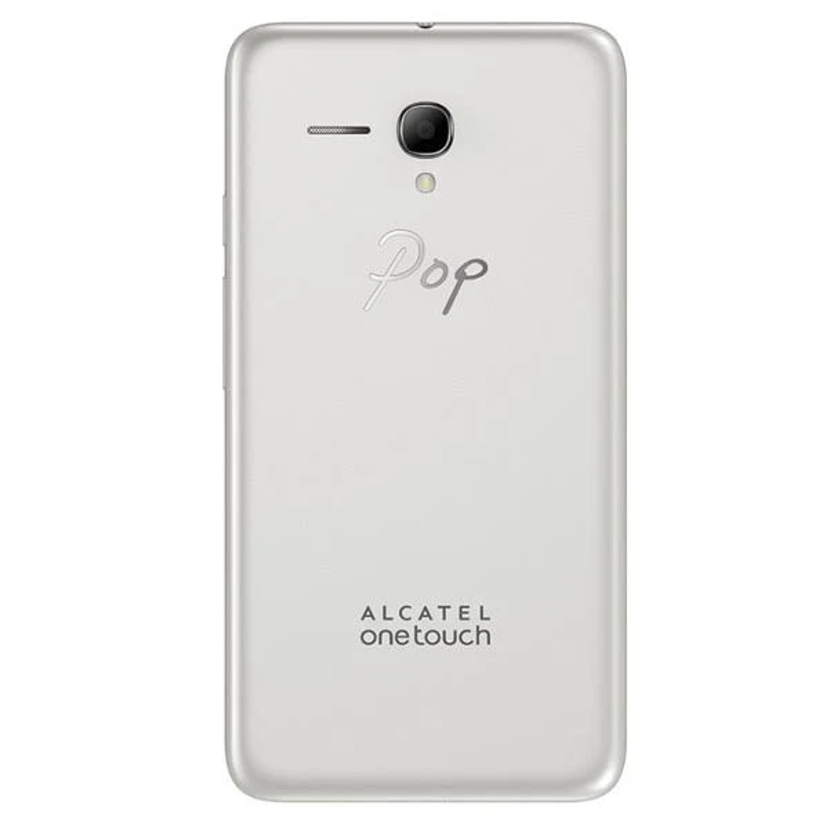 Il retro di un telefono Alcatel OneTouch Pop argento, con testo Pop bianco e logo su sfondo bianco.