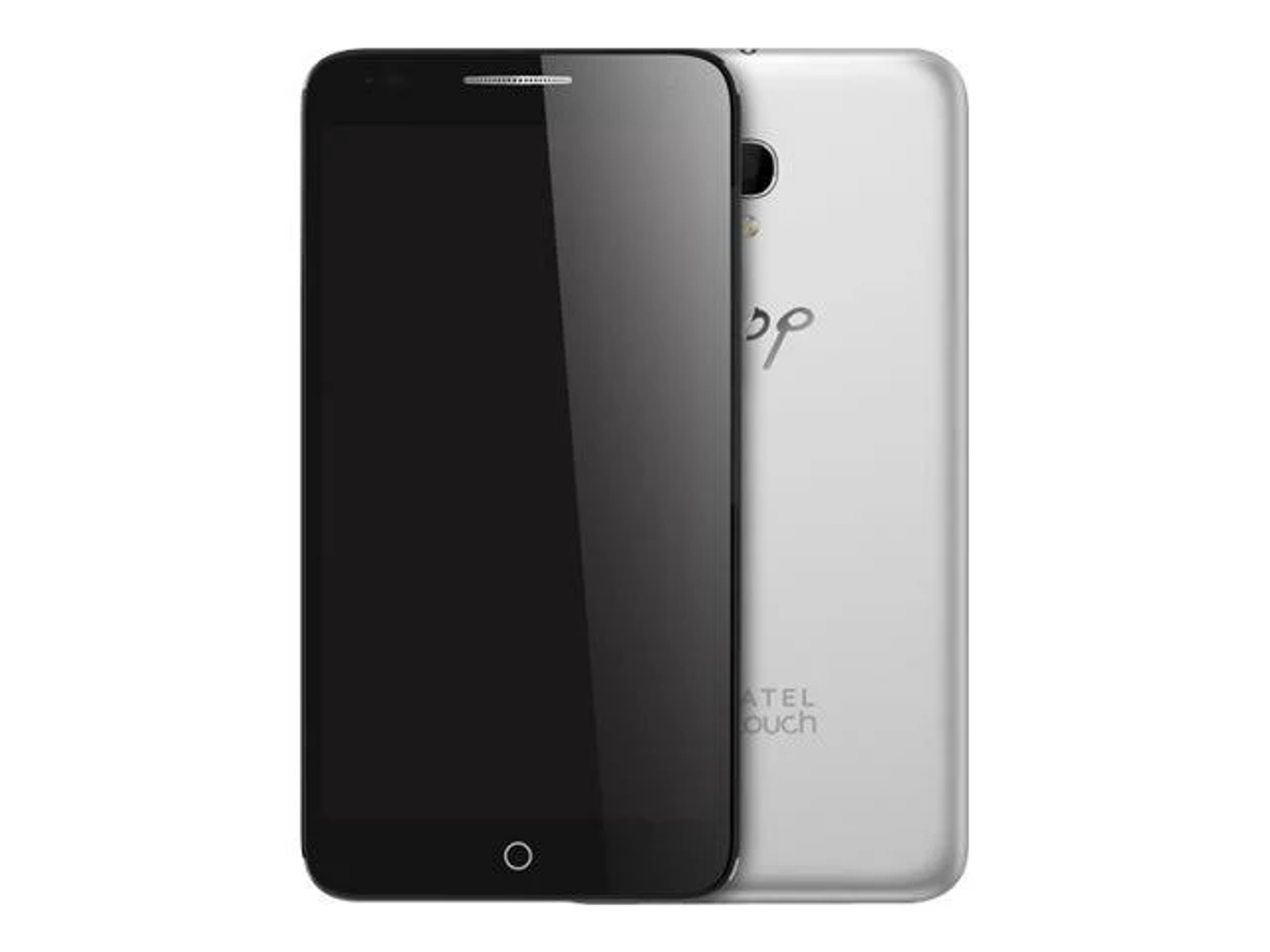 Smartphone nero e argento con schermo nero su sfondo bianco.