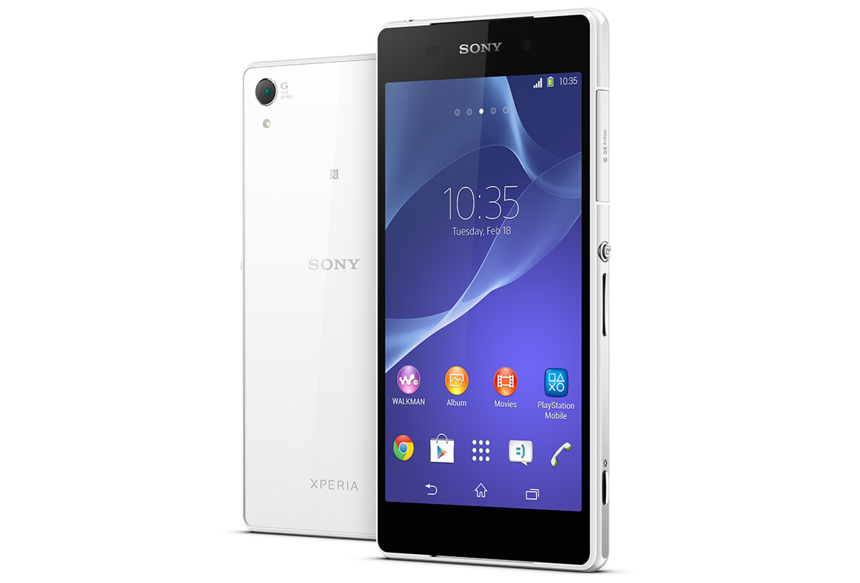 Weißes Sony Xperia-Telefon, Vorder- und Rückseite. Anzeige zeigt Zeit und Symbole. Seitenansicht zeigt Anschlüsse.