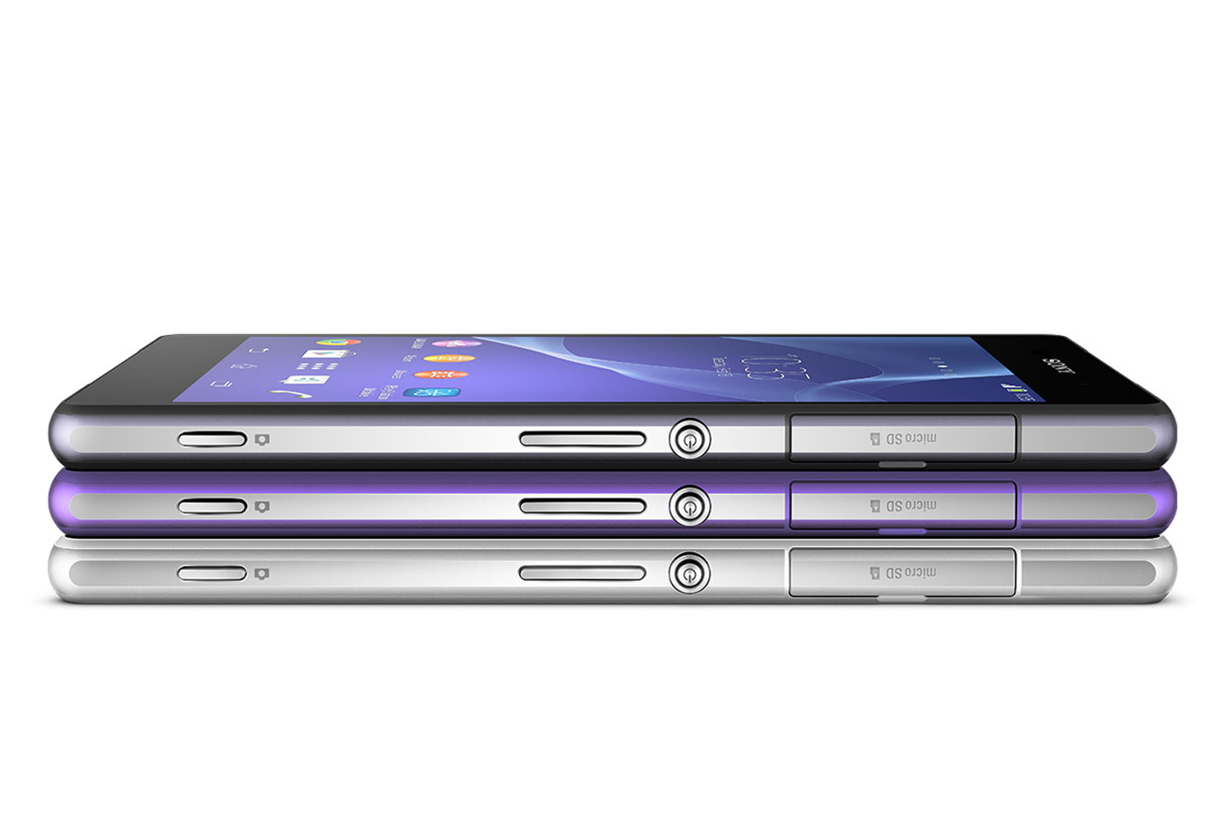 Drei Smartphones gestapelt, lila und silber.
