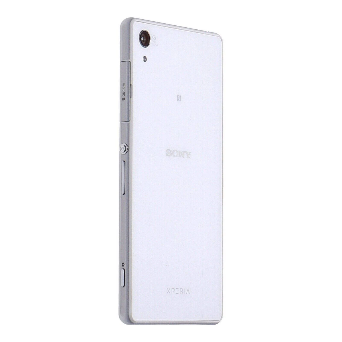 Weißes Sony Xperia Telefon, Rückseite, mit Kamera und Textdetails.