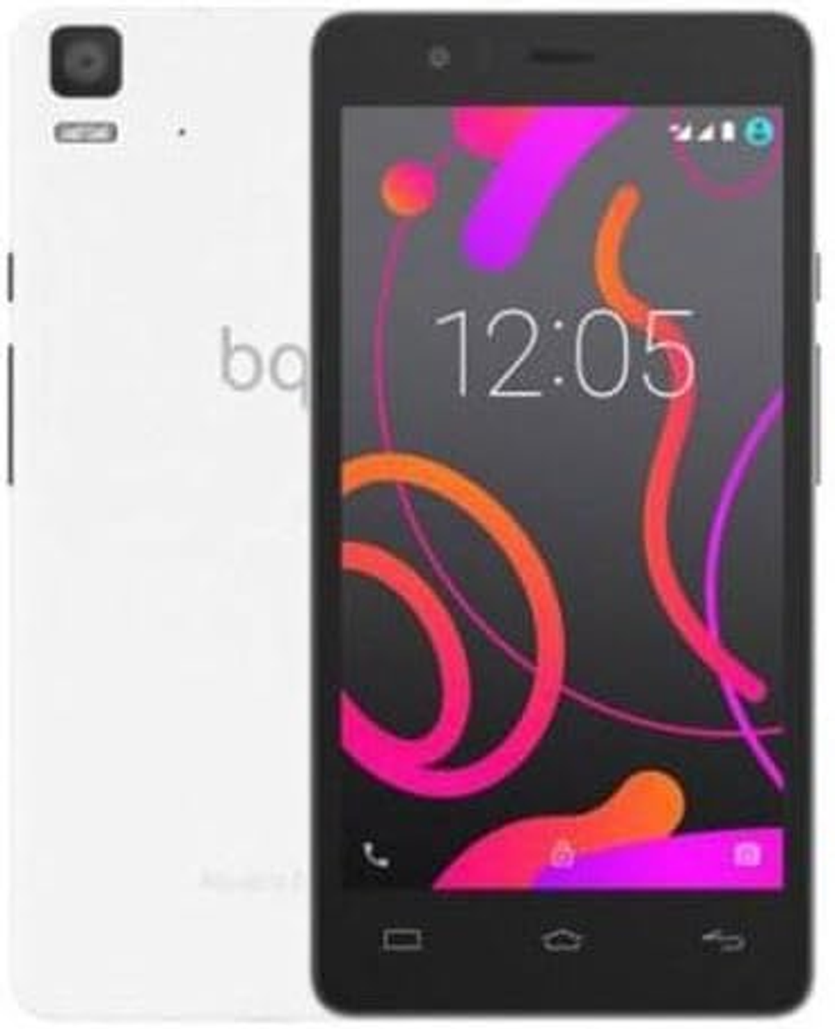 Weißes und schwarzes Smartphone. Die Vorderseite zeigt eine farbenfrohe Anzeige mit einer Uhrzeit von 12:05. Die Rückseite zeigt eine Kamera.