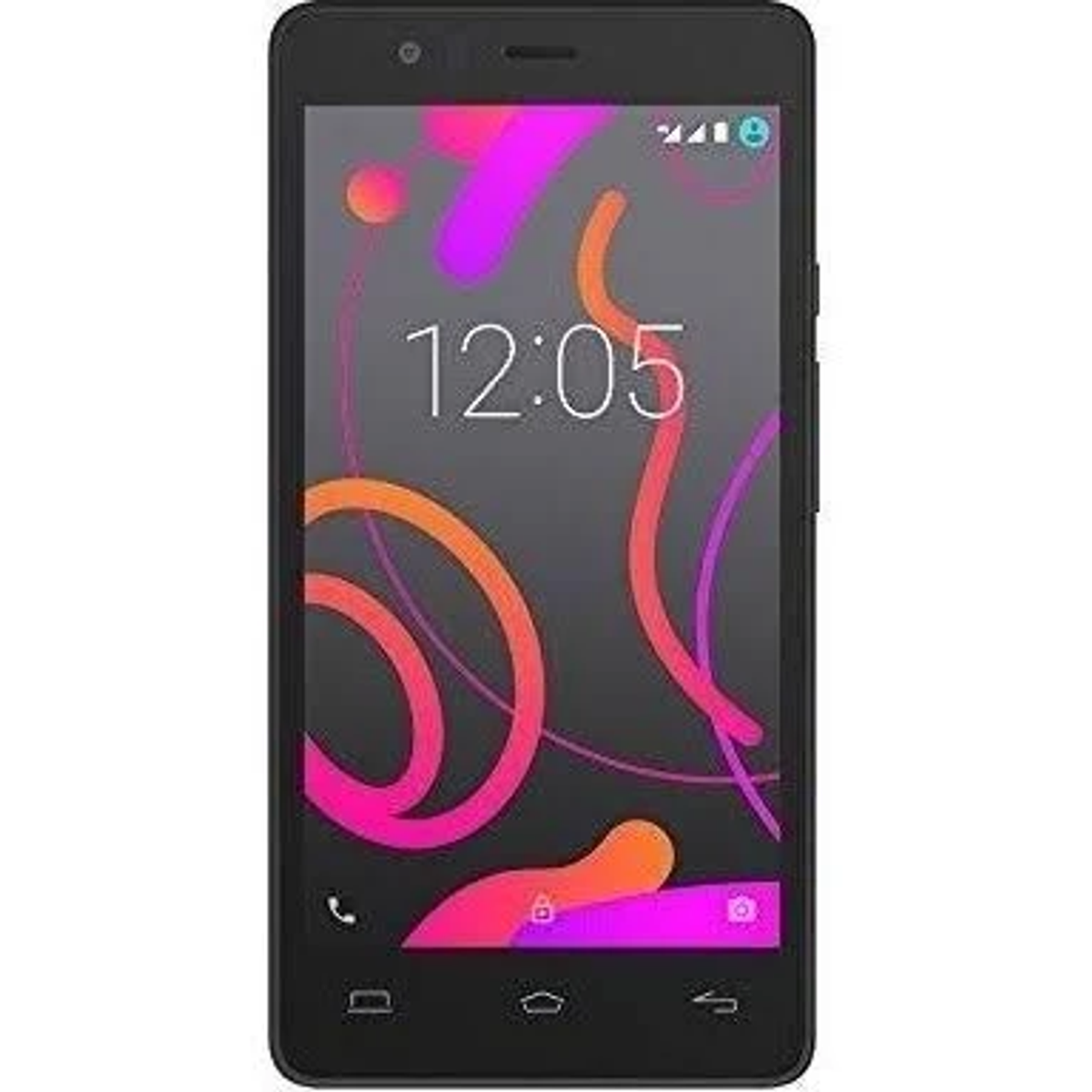 Ein schwarzes Smartphone mit der Uhrzeit 12:05 auf dem Bildschirm und farbiger Grafik.