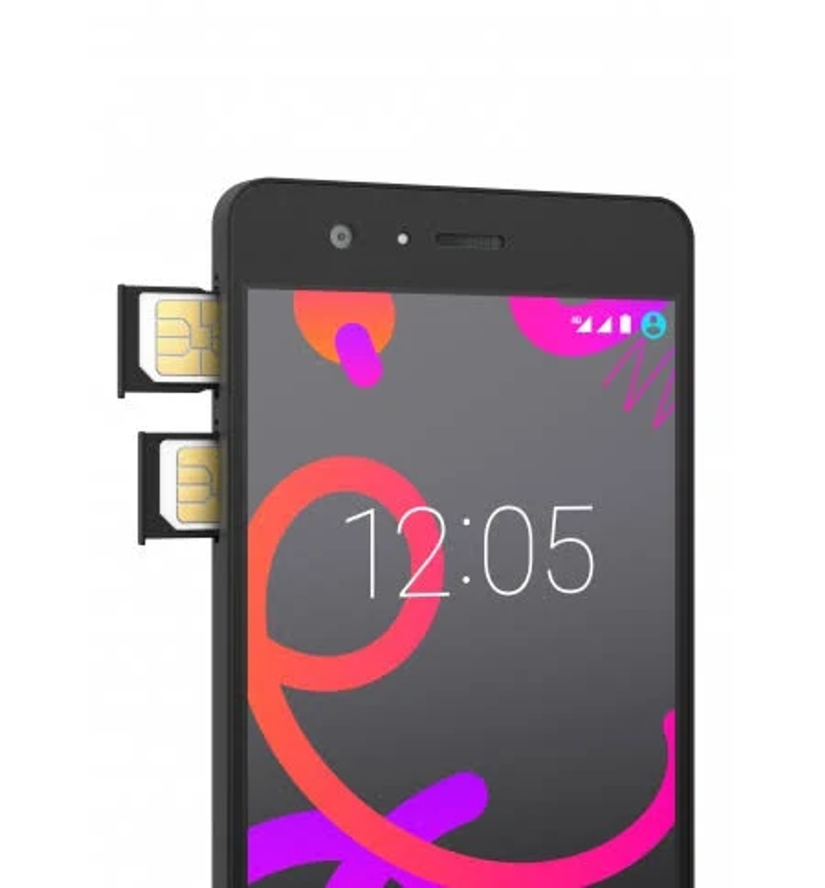 Schwarzes Smartphone mit geöffneten SIM-Karten-Steckplätzen. Zeigt die Uhrzeit und eine farbenfrohe Grafik auf dem Bildschirm.