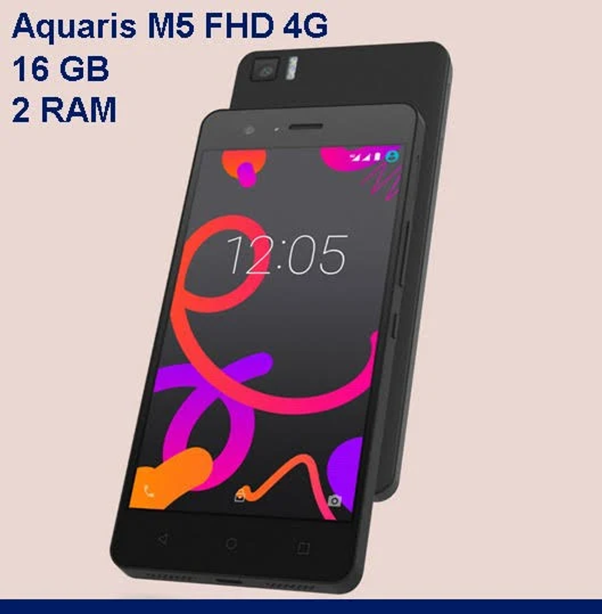 Ein schwarzes Telefon mit einem Bildschirm, der eine Uhr und bunte Grafiken zeigt, mit einem anderen Telefon dahinter.