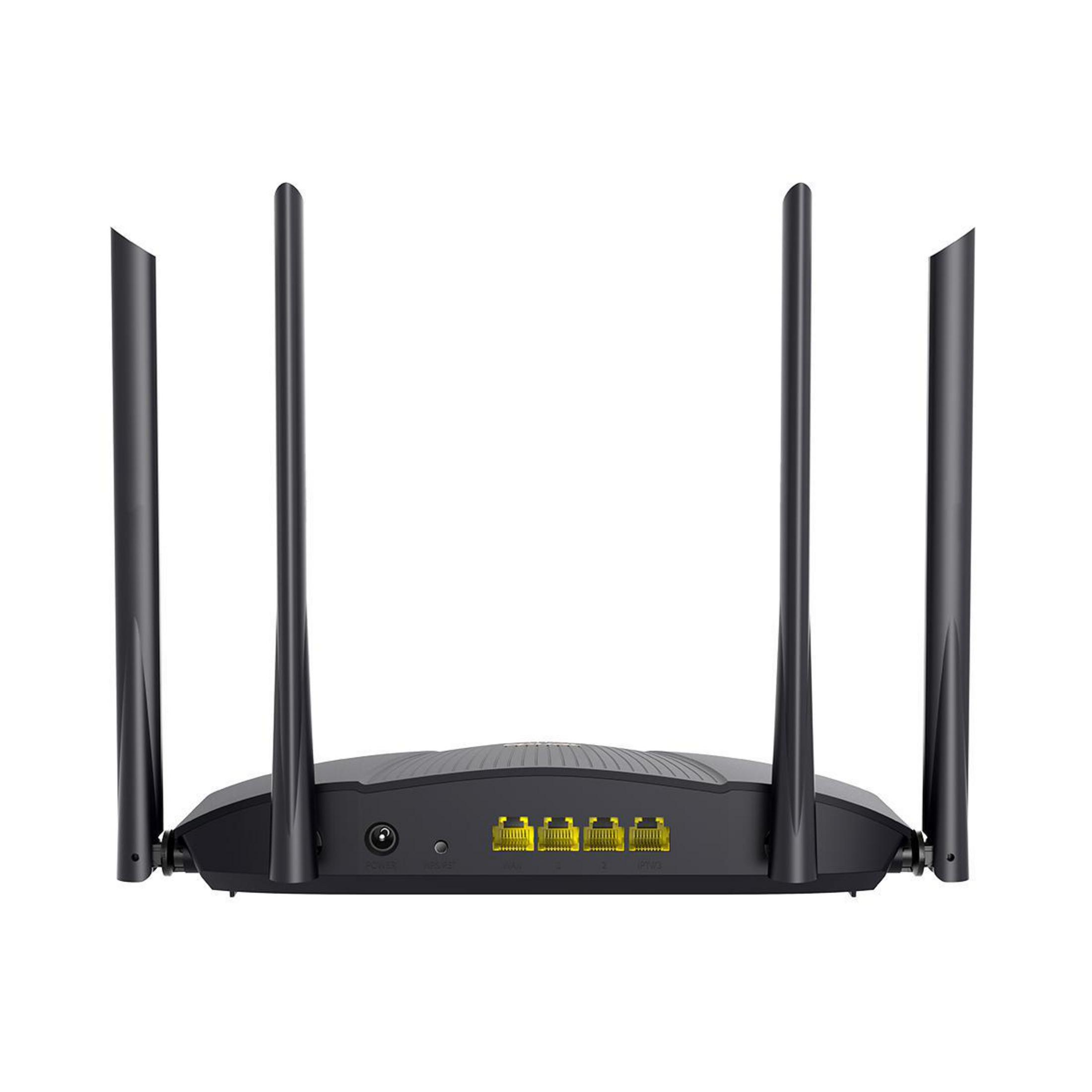 Ein schwarzer Router mit vier Antennen. Rückansicht mit sichtbaren Anschlüssen und Stromanschluss.