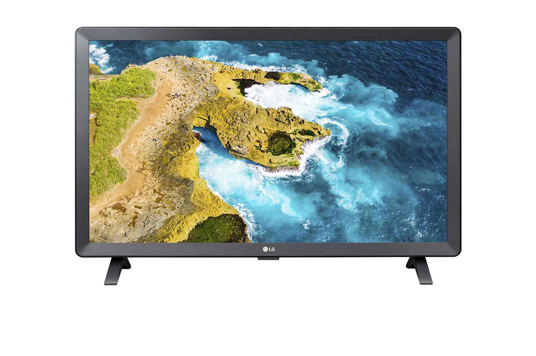 TV a schermo piatto con scena costiera con rocce e acqua blu su sfondo bianco.