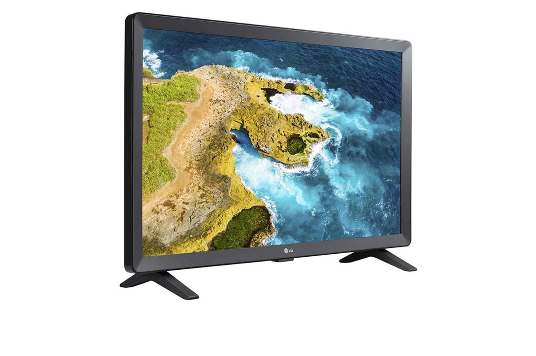 TV LG su sfondo bianco, mostra una scena costiera. Supporto nero.